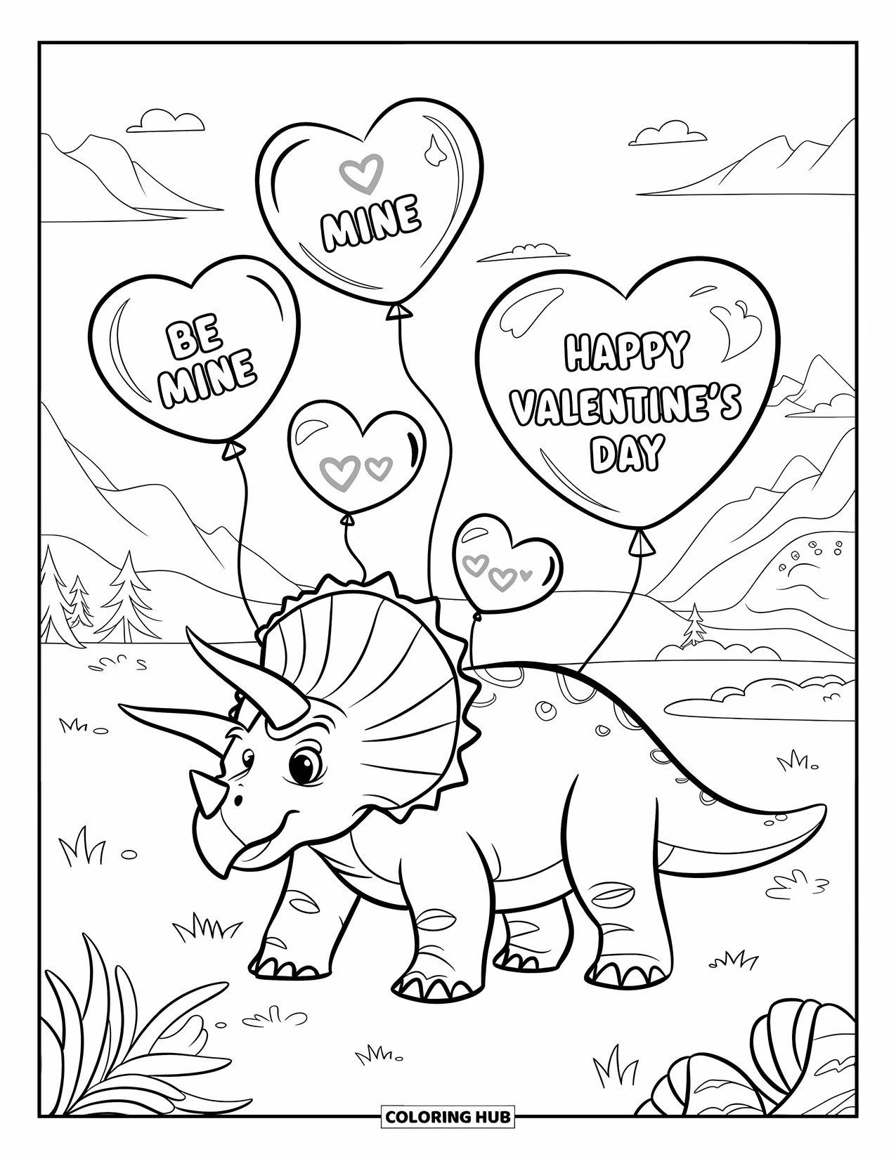 Dinosaur Valentines Coloring Page for Kids: A happy Triceratops smiles beneath heart balloons and clouds