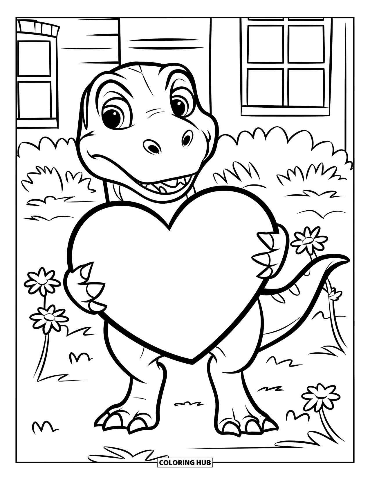 Dinosaur Valentines Coloring Page for Kids: A little T-Rex stands in flowers holding a giant Valentine heart