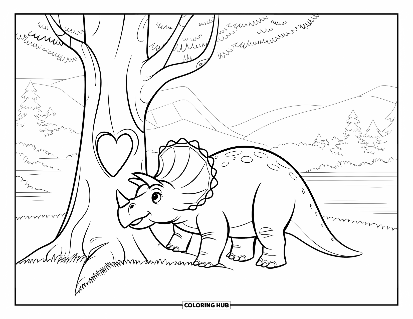 Dinosaur Valentines Coloring Page for Kids: A peaceful Triceratops relaxes by a heart-carved tree near a lake