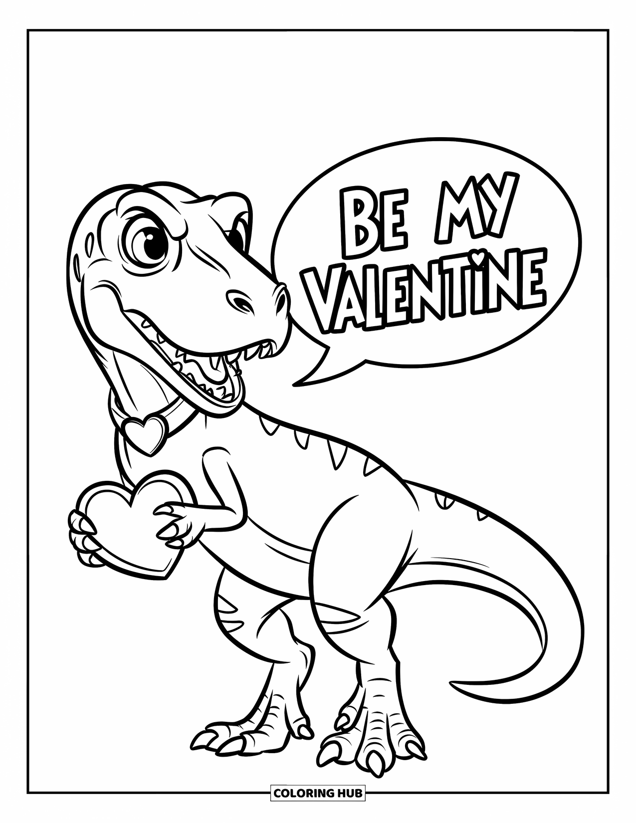 Dinosaur Valentines Coloring Page for Kids: A Raptor offers a rock heart necklace and says "Be my Valentine"