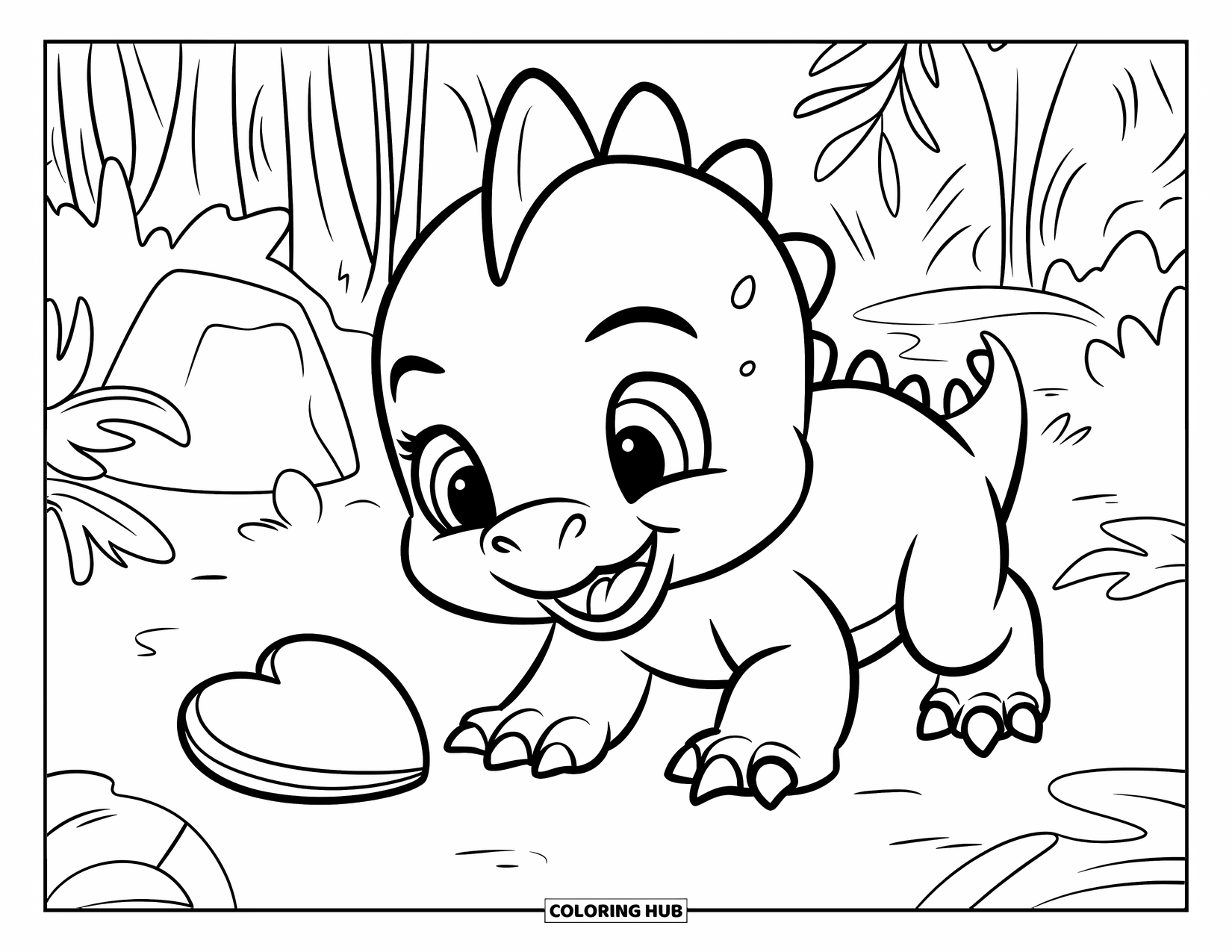 Dinosaur Valentines Coloring Page for Kids: A smiling baby dino crawls to its heart-shaped Valentine toy