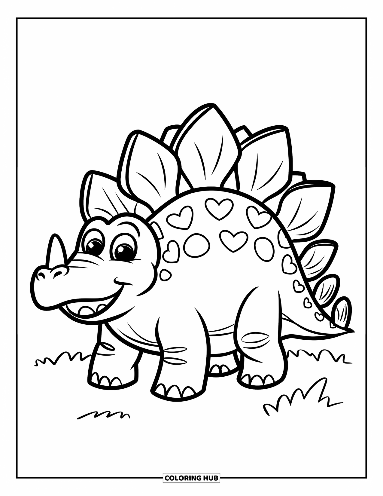 Dinosaur Valentines Coloring Page for Kids: A smiling Stegosaurus with hearts on its back stands proudly