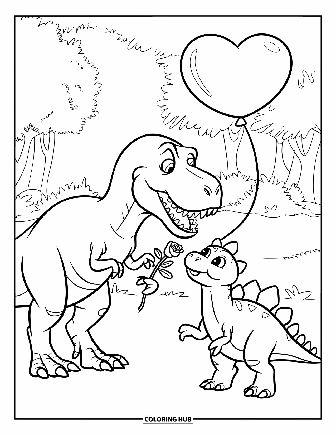 Dinosaur Valentines Coloring Page for Kids: A smiling T-Rex offers a rose and balloon to a shy friend