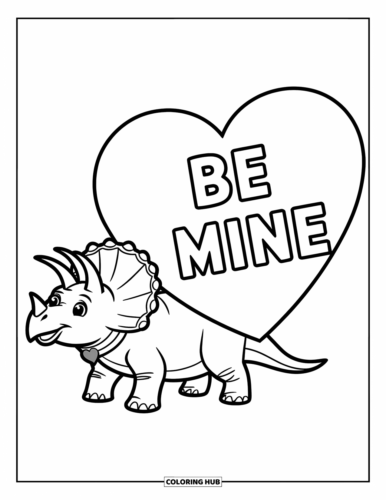 Dinosaur Valentines Coloring Page for Kids: A smiling Triceratops stands beside a giant Valentine card