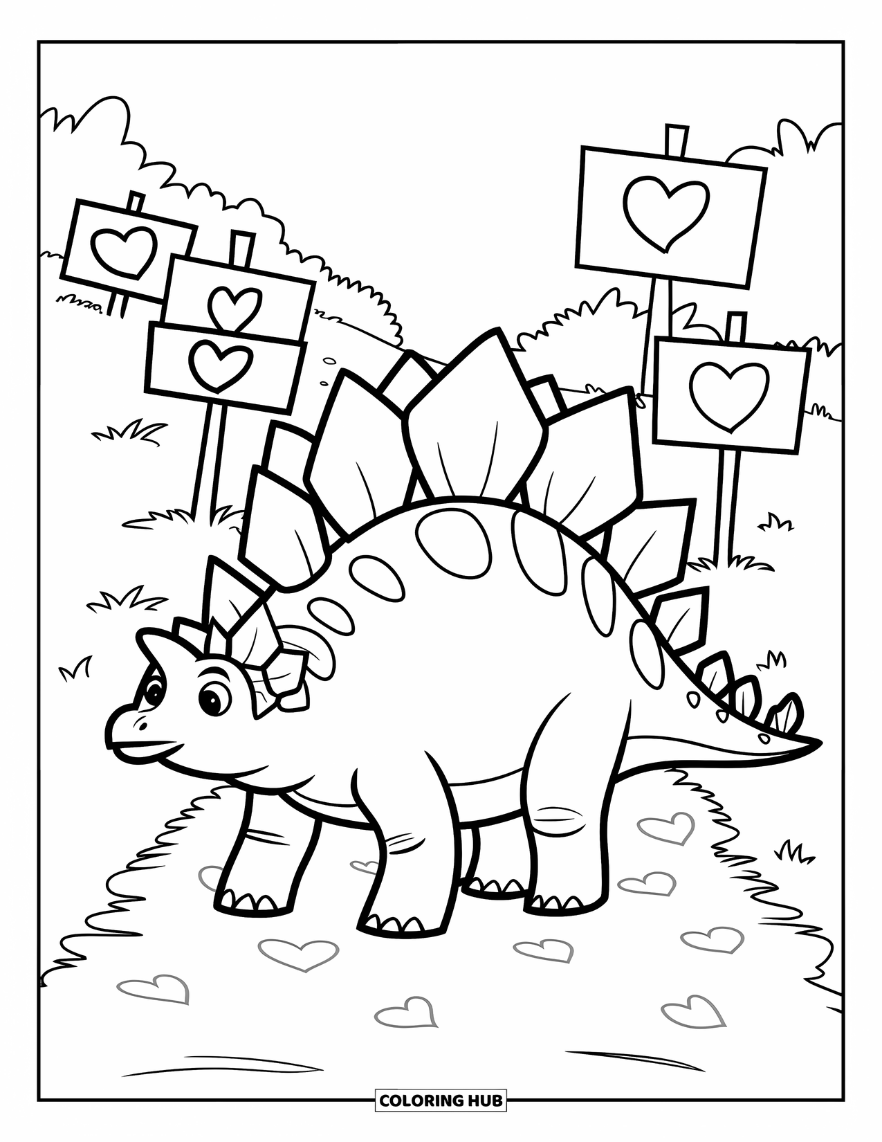 Dinosaur Valentines Coloring Page for Kids: A Stegosaurus walks along a path lined with Valentine signs