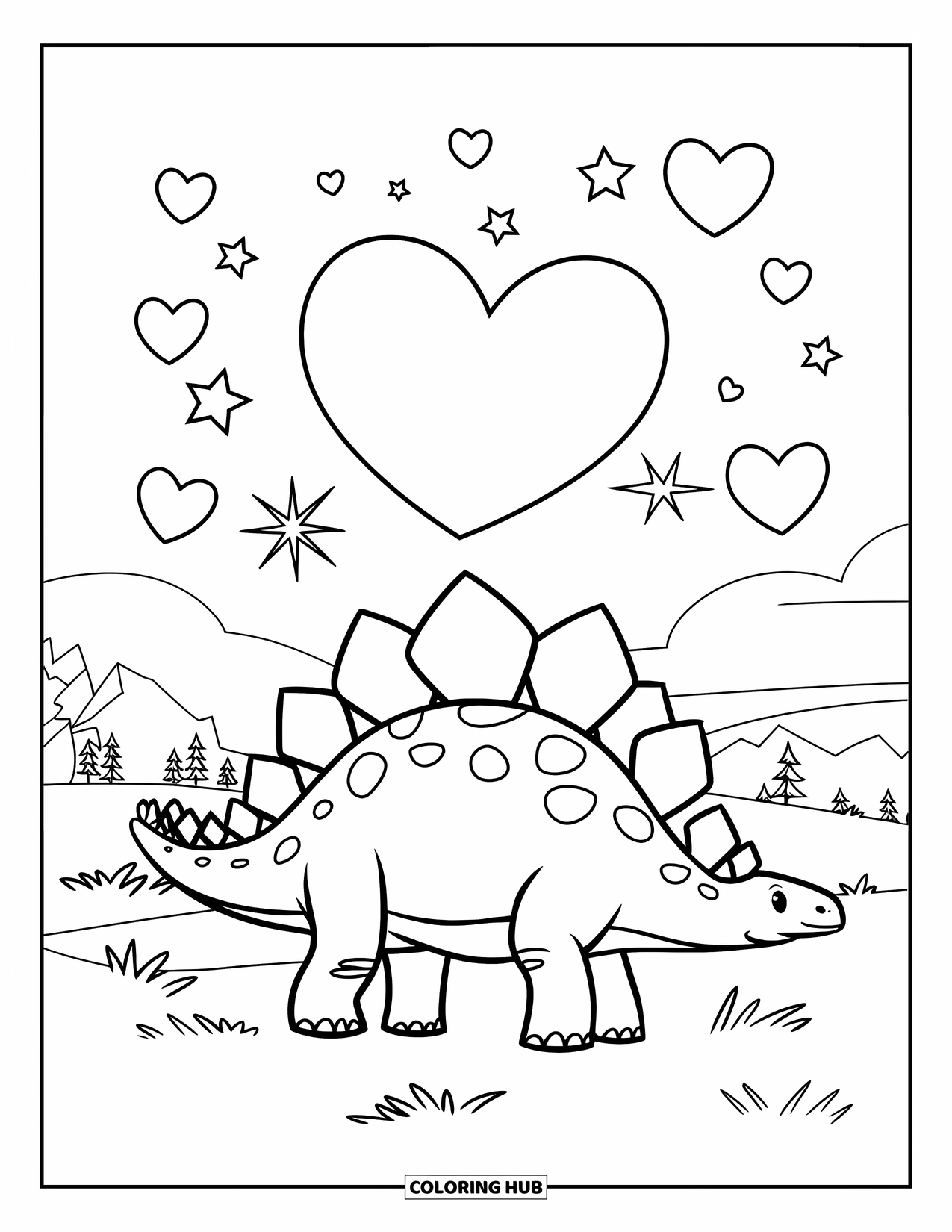 Dinosaur Valentines Coloring Page for Kids: A Stegosaurus walks under a sky of glowing hearts and stars