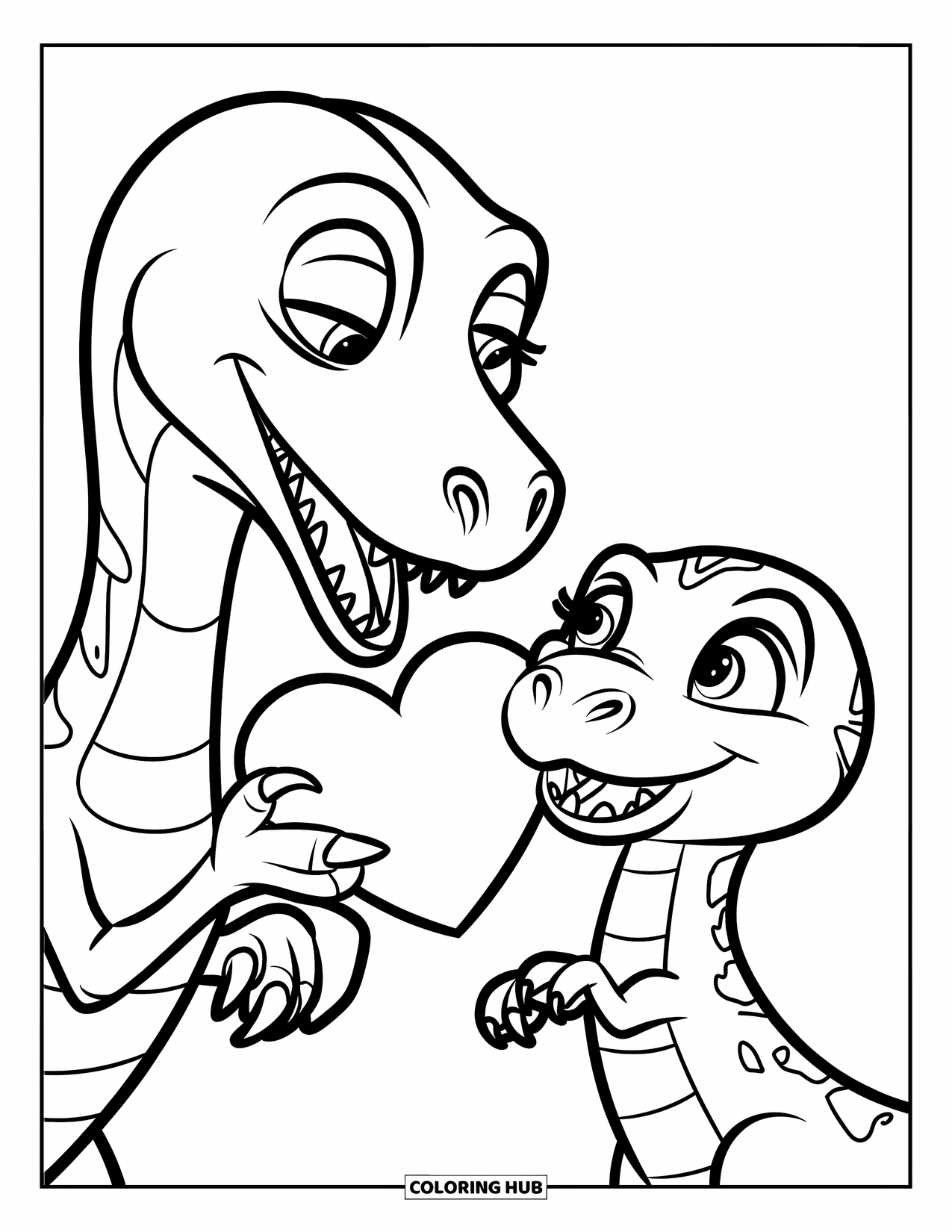 Dinosaur Valentines Coloring Page for Kids: A sweet Raptor gives a Valentine heart to its happy friend