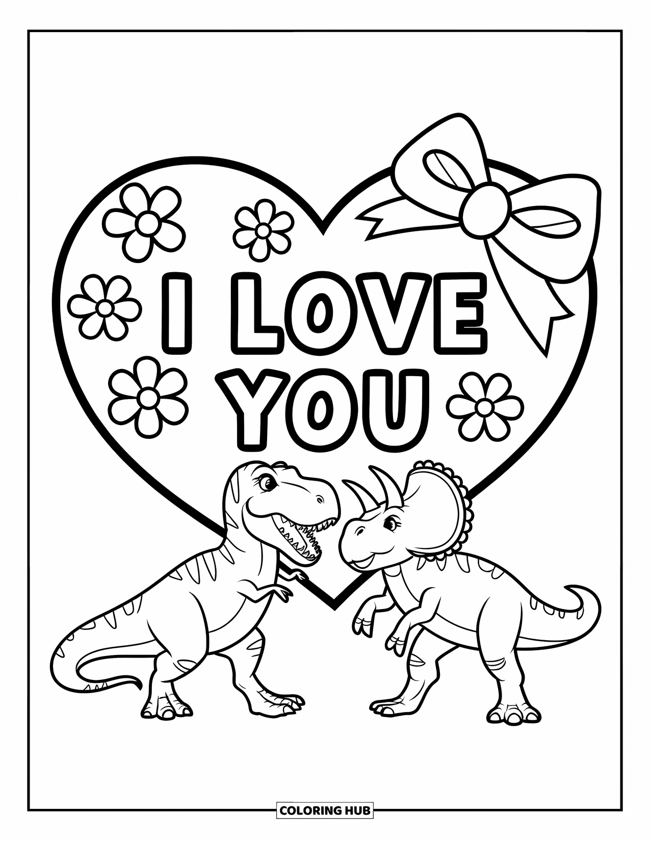 Dinosaur Valentines Coloring Page for Kids: A T-Rex and Triceratops hold a heart with flowers and bows