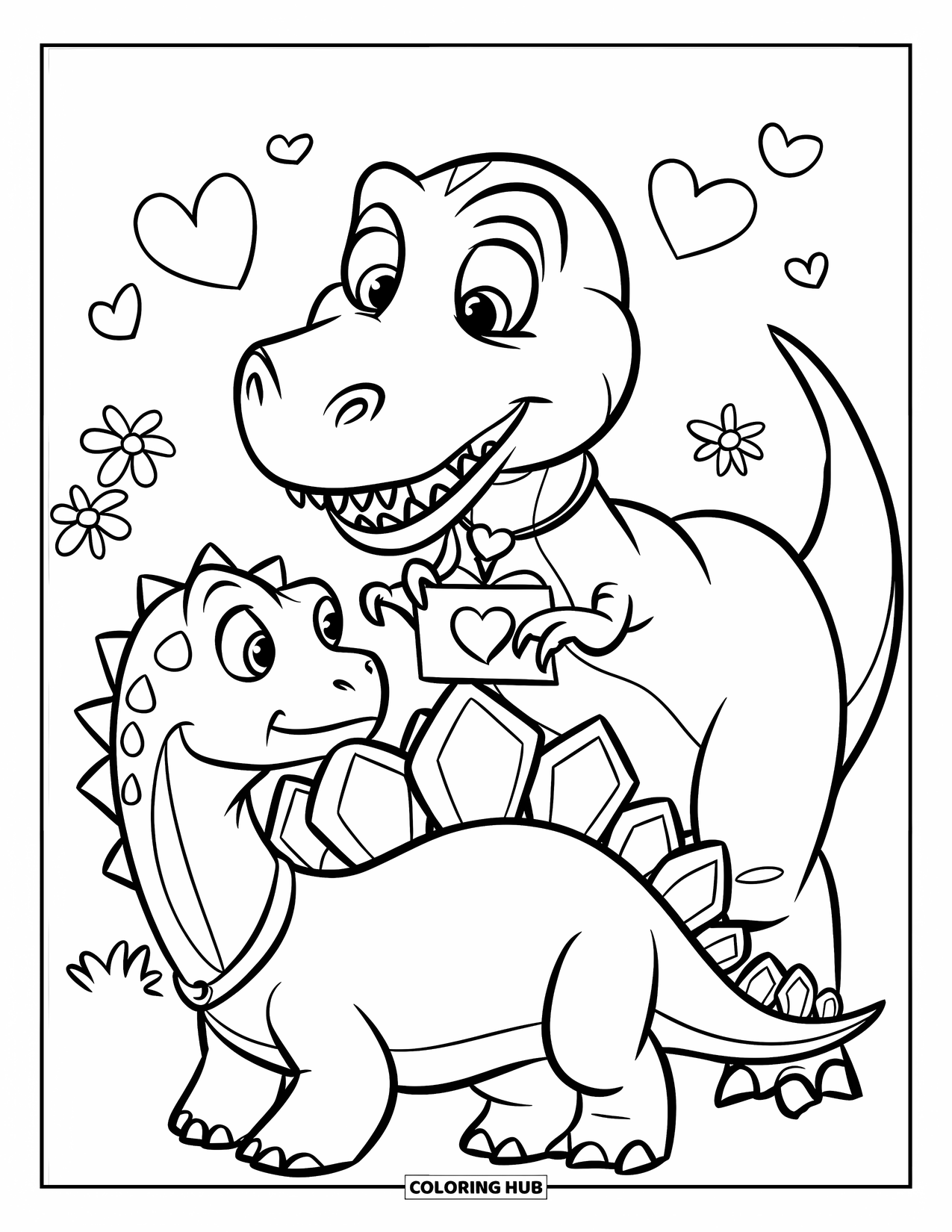 Dinosaur Valentines Coloring Page for Kids: A T-Rex hands a red heart card to a friendly Stegosaurus