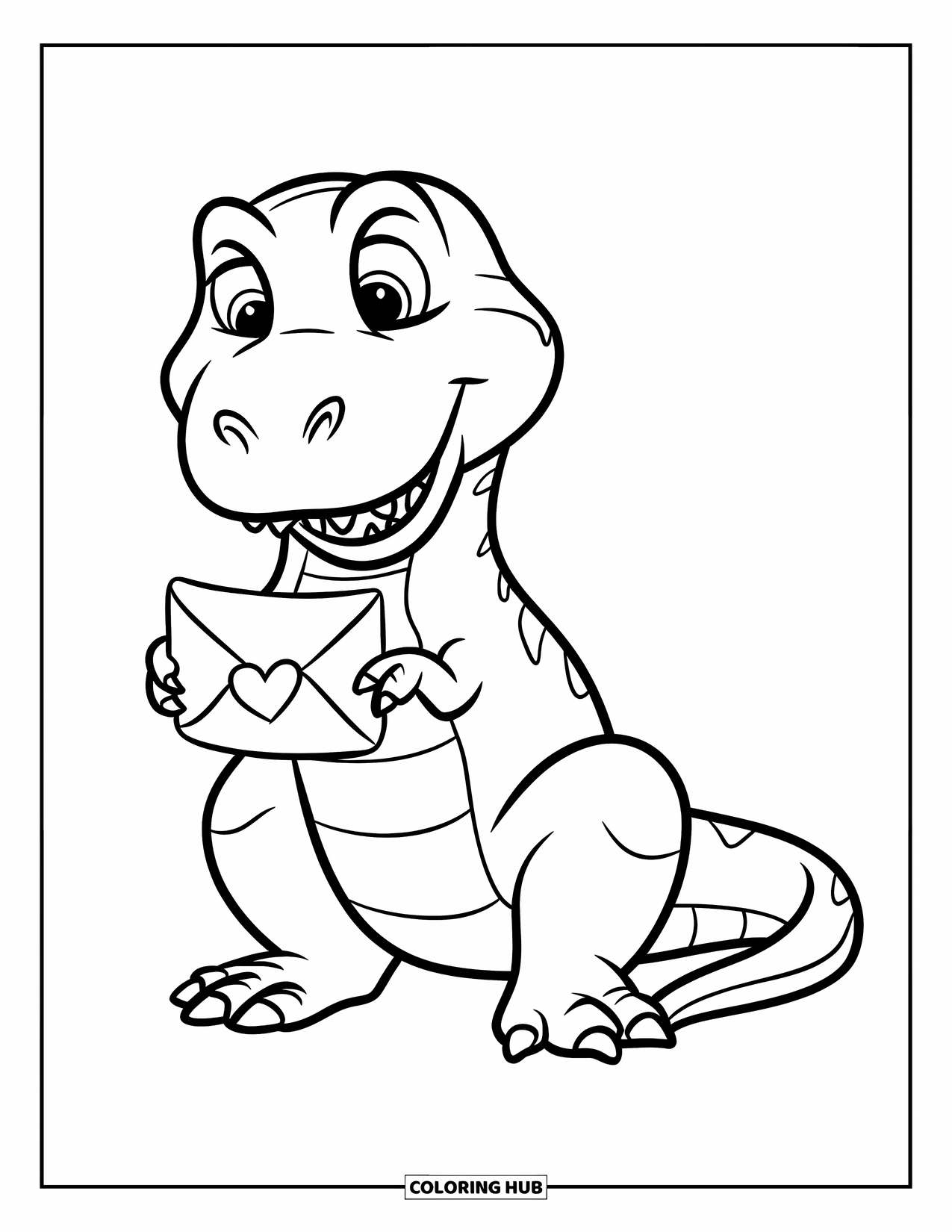 Dinosaur Valentines Coloring Page for Kids: A T-Rex sits holding a Valentine heart-shaped envelope