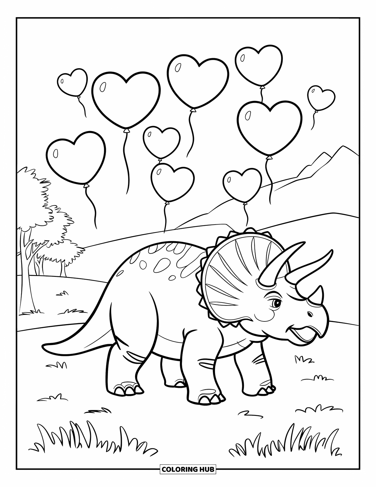Dinosaur Valentines Coloring Page for Kids: A Triceratops enjoys a day surrounded by Valentine balloons