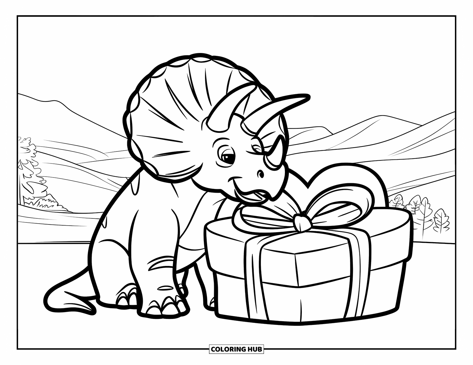 Dinosaur Valentines Coloring Page for Kids: A Triceratops hugs a heart-shaped box of love