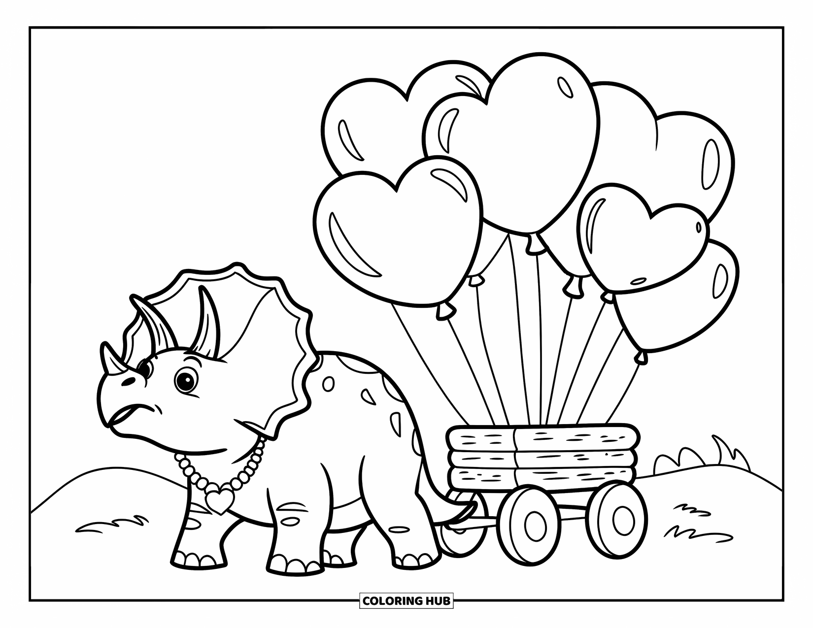 Dinosaur Valentines Coloring Page for Kids: A Triceratops pushes a wagon filled with Valentine balloons