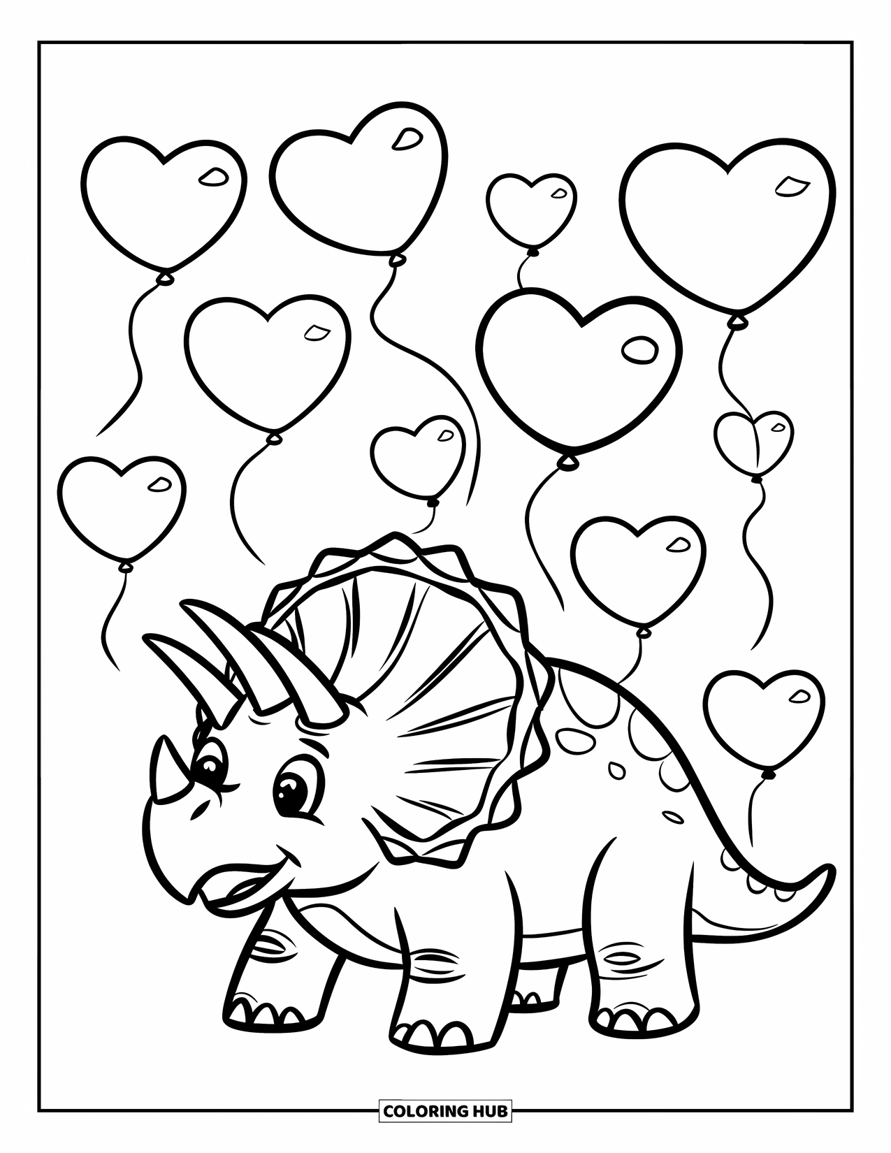 Dinosaur Valentines Coloring Page for Kids: A Triceratops smiles as heart balloons rise into the sky