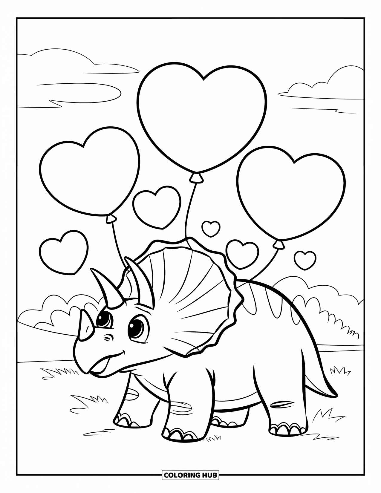 Dinosaur Valentines Coloring Page for Kids: A Triceratops stands among floating Valentine balloons on a field