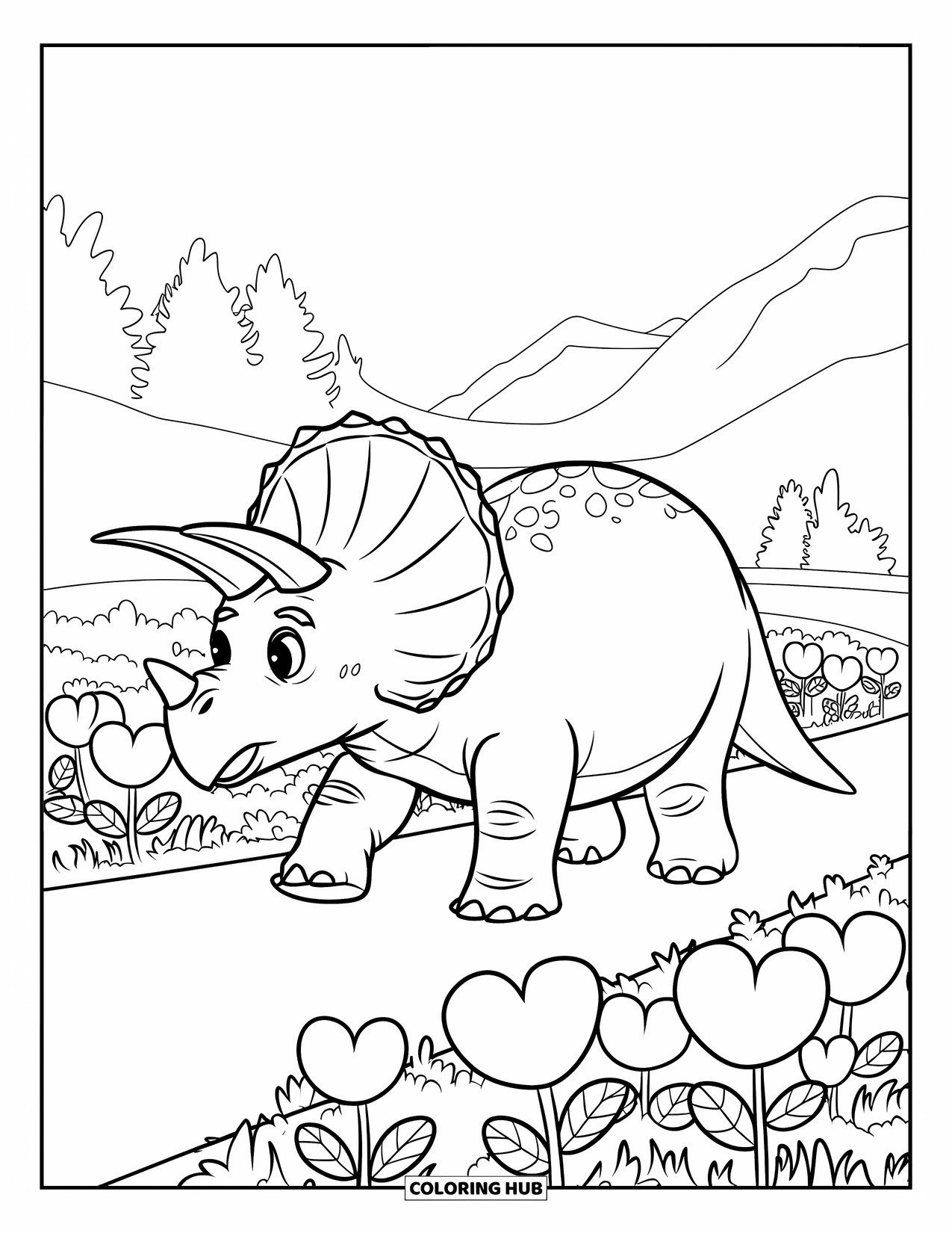 Dinosaur Valentines Coloring Page for Kids: A Triceratops walks through a field of heart-shaped flowers