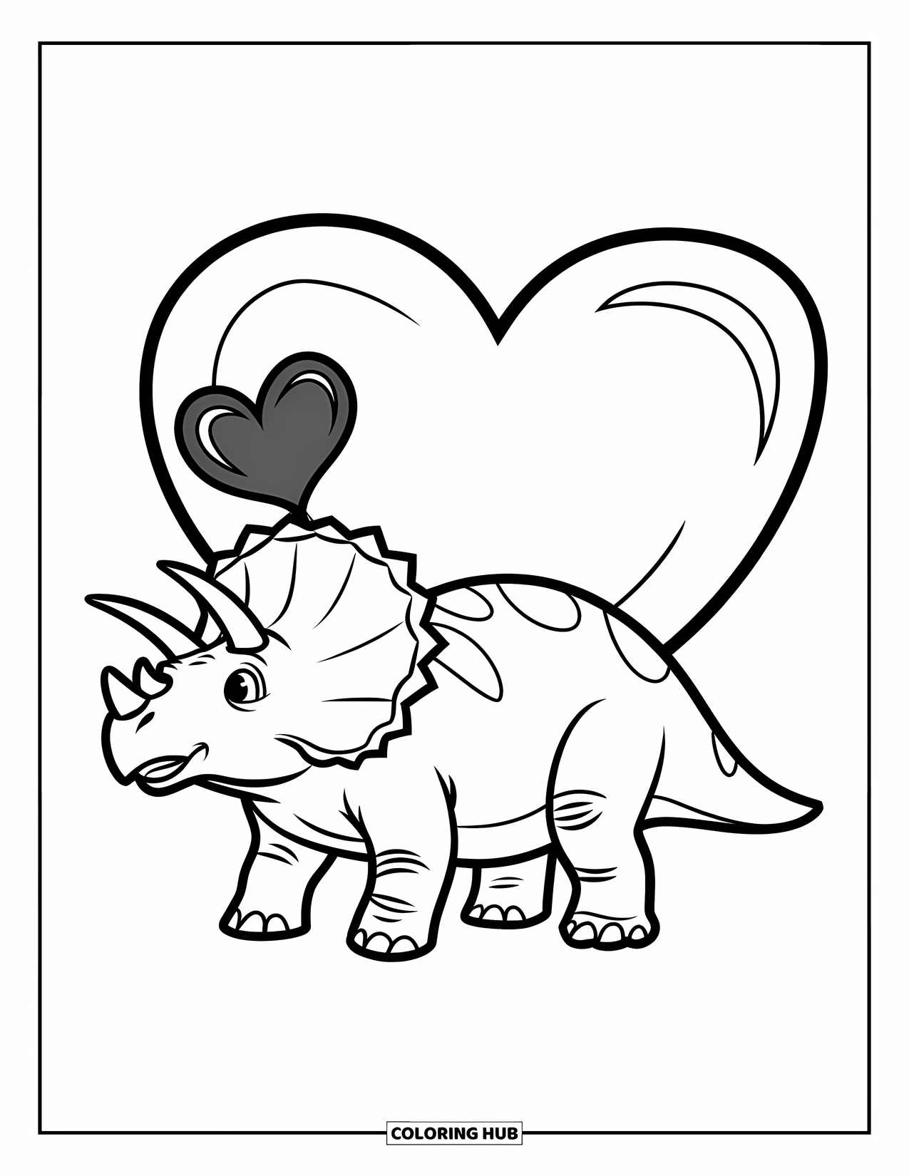 Dinosaur Valentines Coloring Page for Kids: A Triceratops with a heart horn stands near a "Be Mine" card