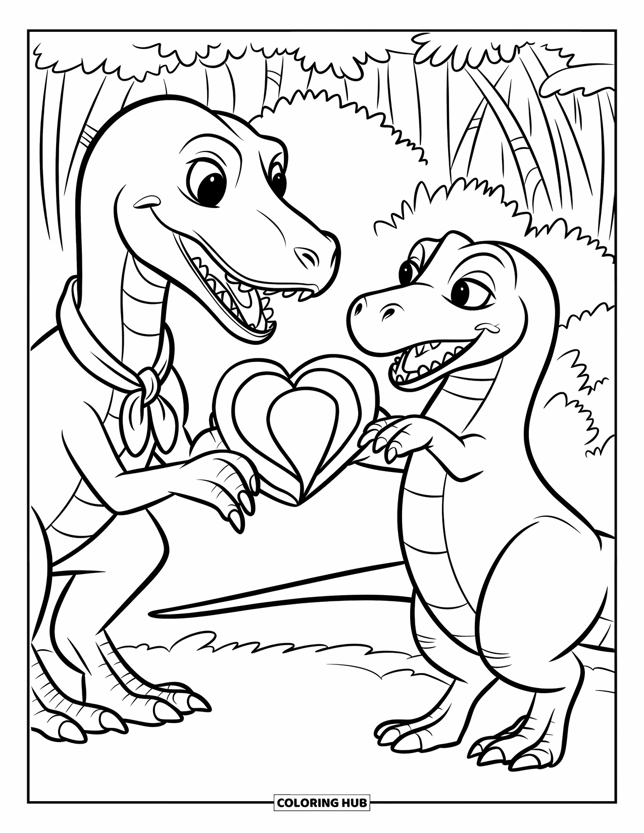 Dinosaur Valentines Coloring Page for Kids: A Velociraptor gives a Valentine heart to a dinosaur friend