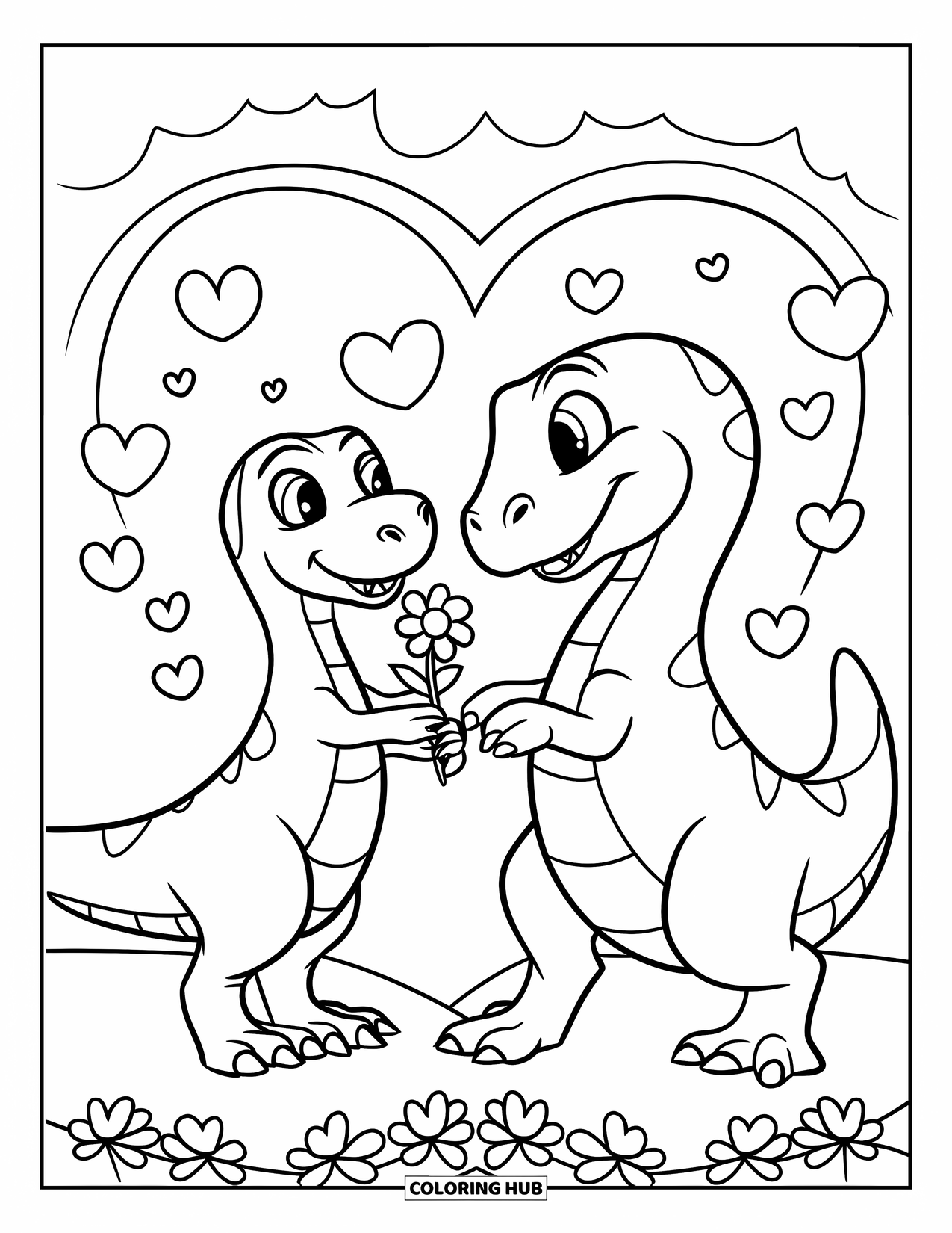 Dinosaur Valentines Coloring Page for Kids: Dinosaurs exchange a heart flower surrounded by tiny hearts