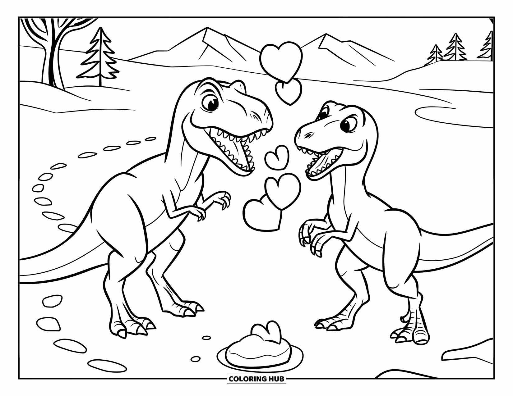 Dinosaur Valentines Coloring Page for Kids: Dinosaurs joyfully toss heart snowballs across a snowy mountain field