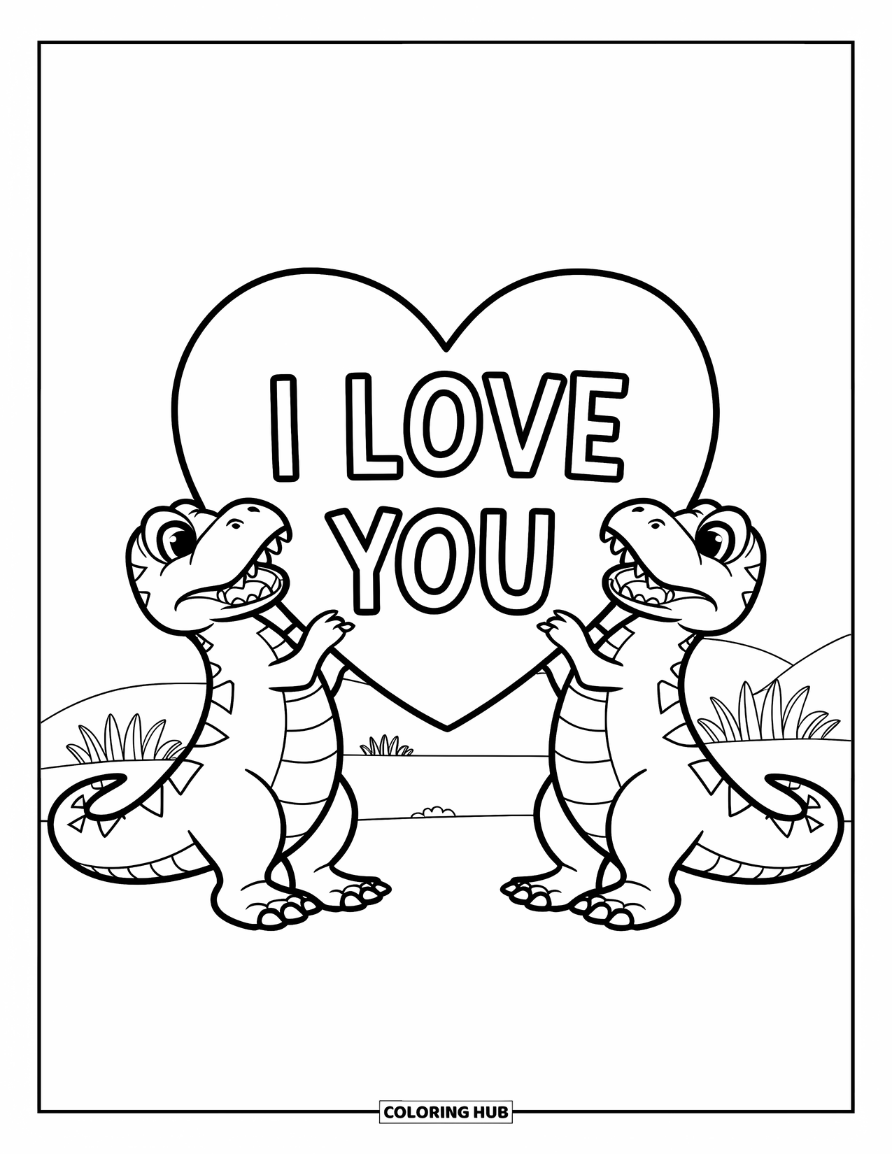 Dinosaur Valentines Coloring Page for Kids: Two dinos hold a heart together that says "I love you"