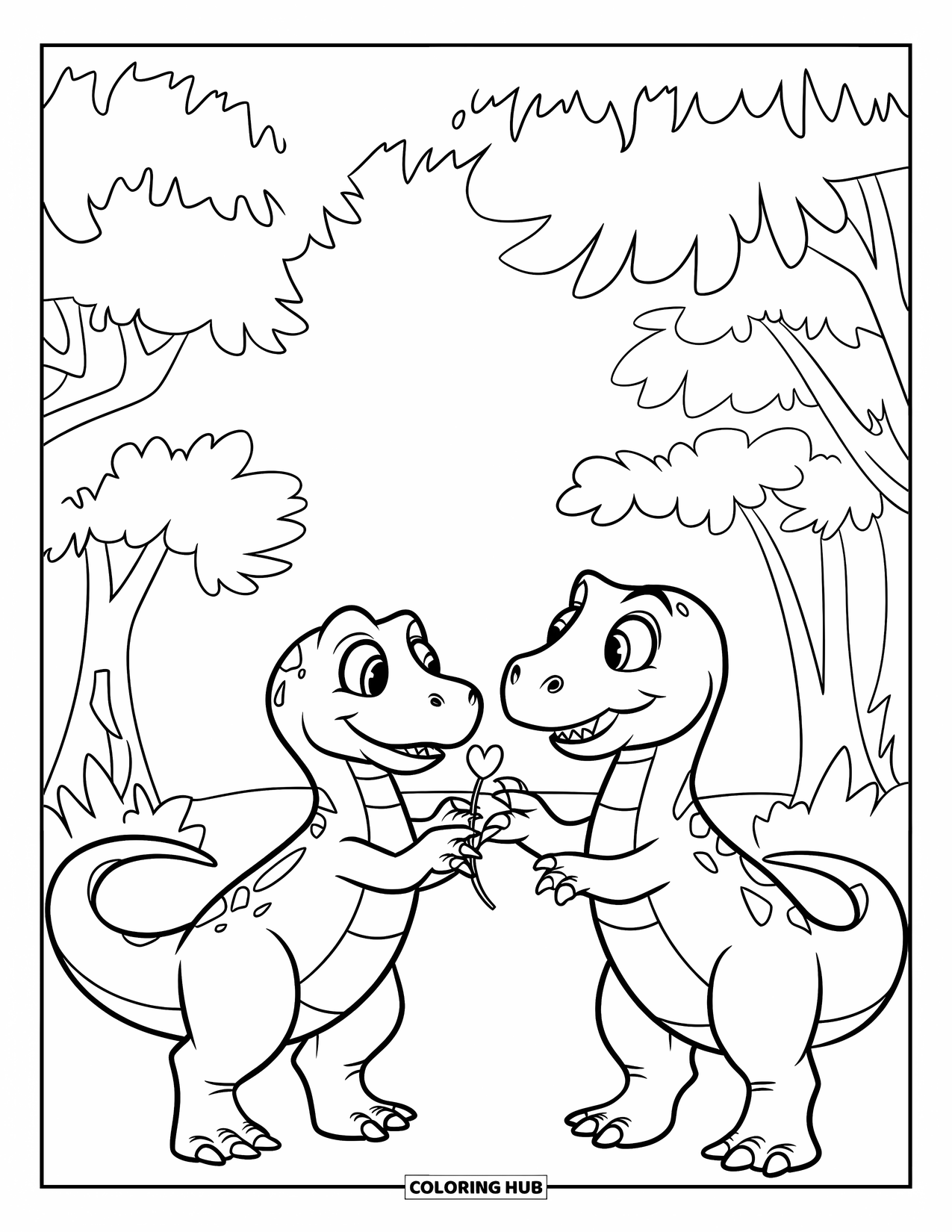 Dinosaur Valentines Coloring Page for Kids: Two dinosaurs exchange a heart-shaped flower in a forest of love