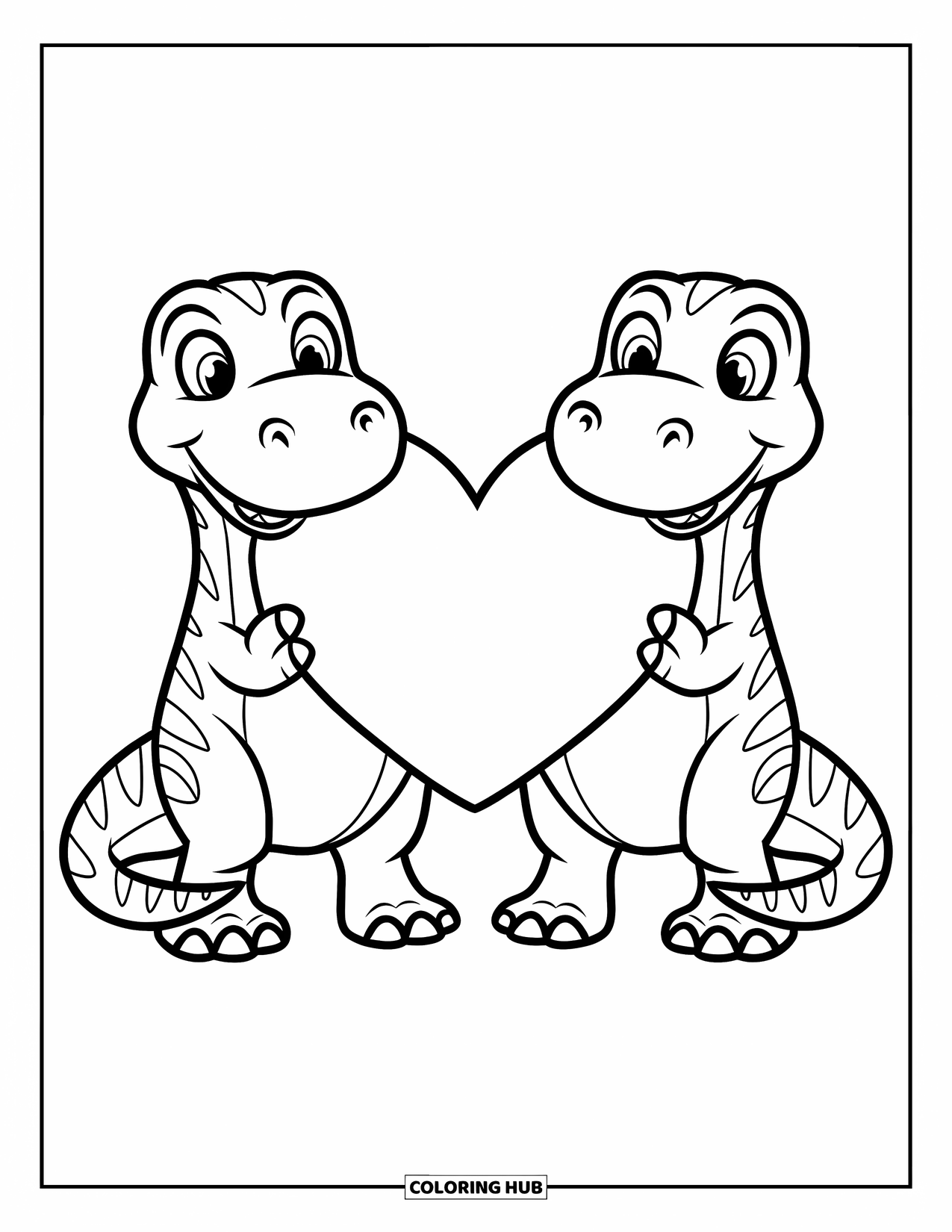 Dinosaur Valentines Coloring Page for Kids: Two dinosaurs smile while holding a giant Valentine heart