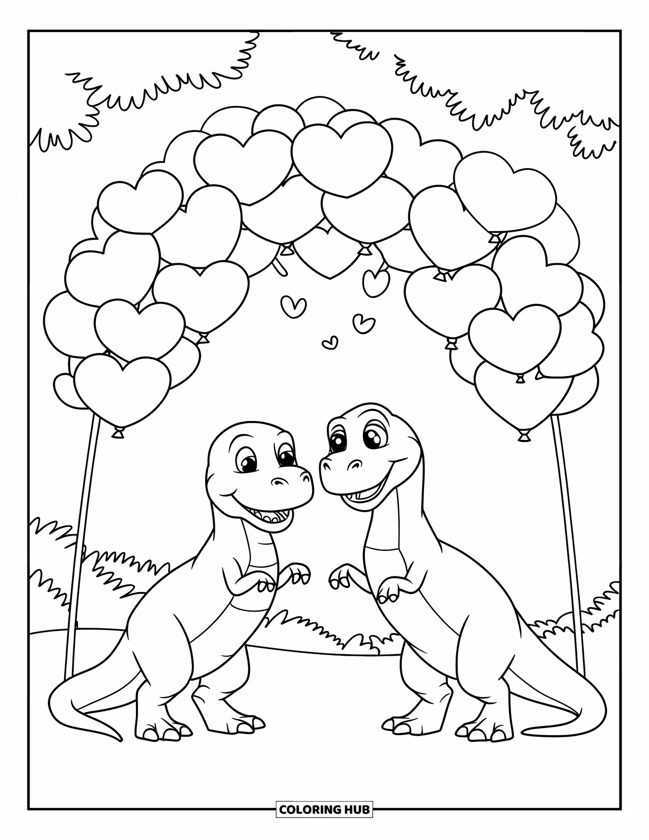Dinosaur Valentines Coloring Page for Kids: Two smiling dinosaurs stand under a Valentine balloon arch