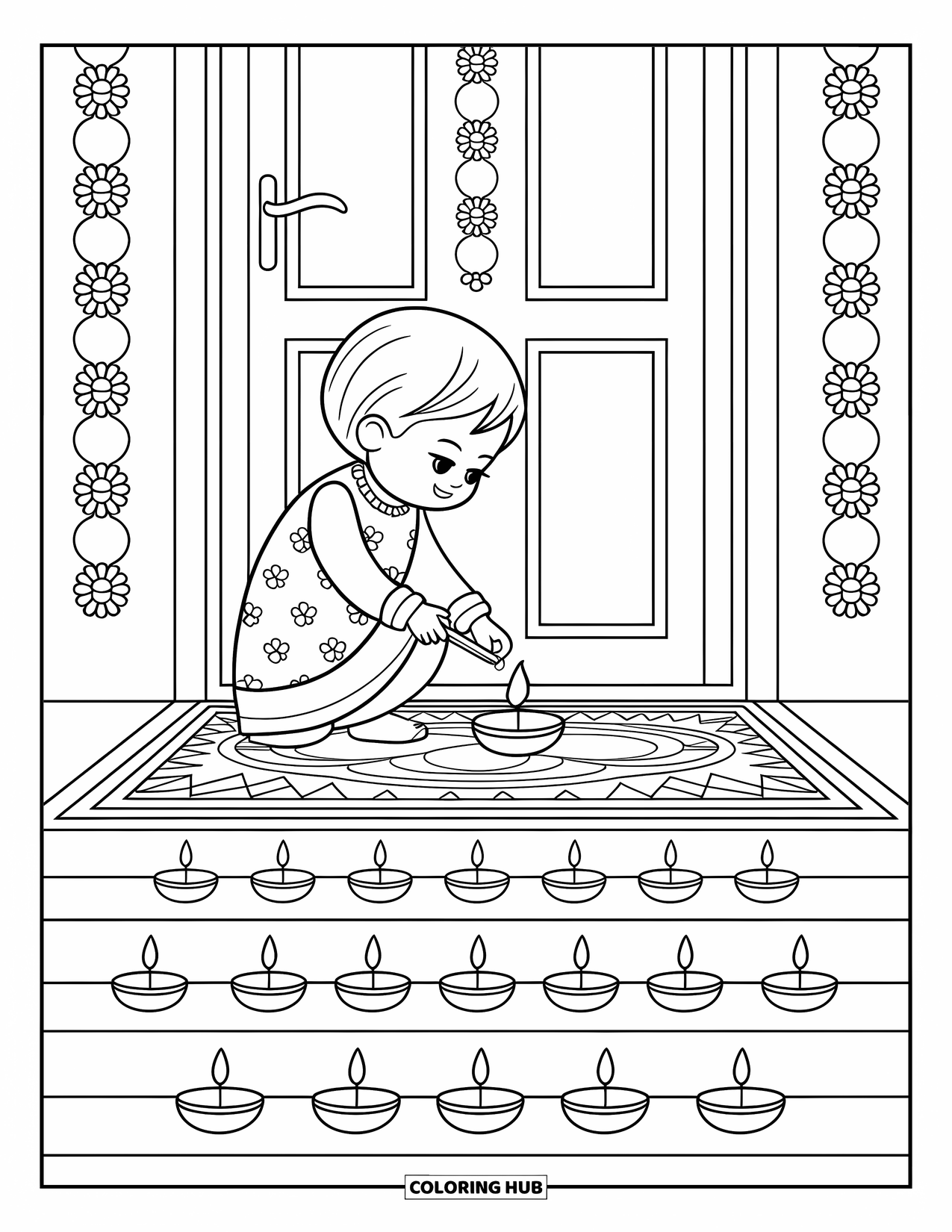 Diwali Coloring Page for Adults: A cheerful child lights a diya under hanging garlands and glowing lamps