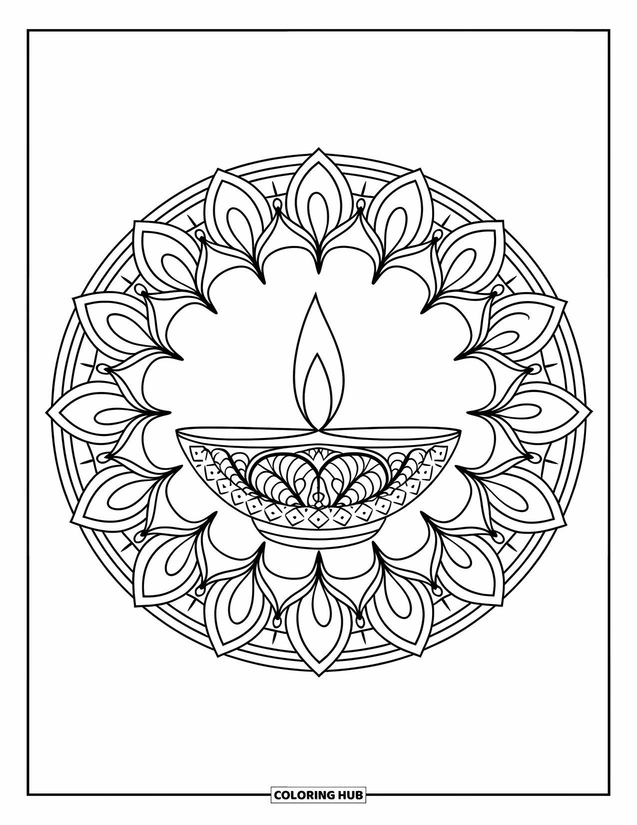 Diwali Coloring Page for Adults: A circular floral mandala radiates from a central diya