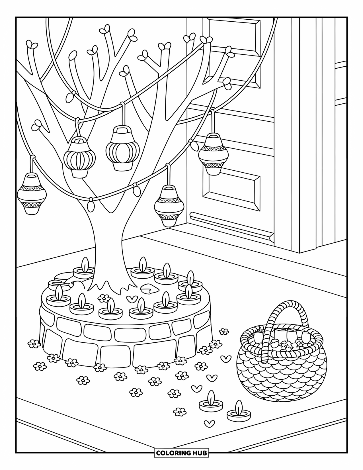 Diwali Coloring Page for Adults: A courtyard tree glows with lanterns, diyas, and scattered flower petals