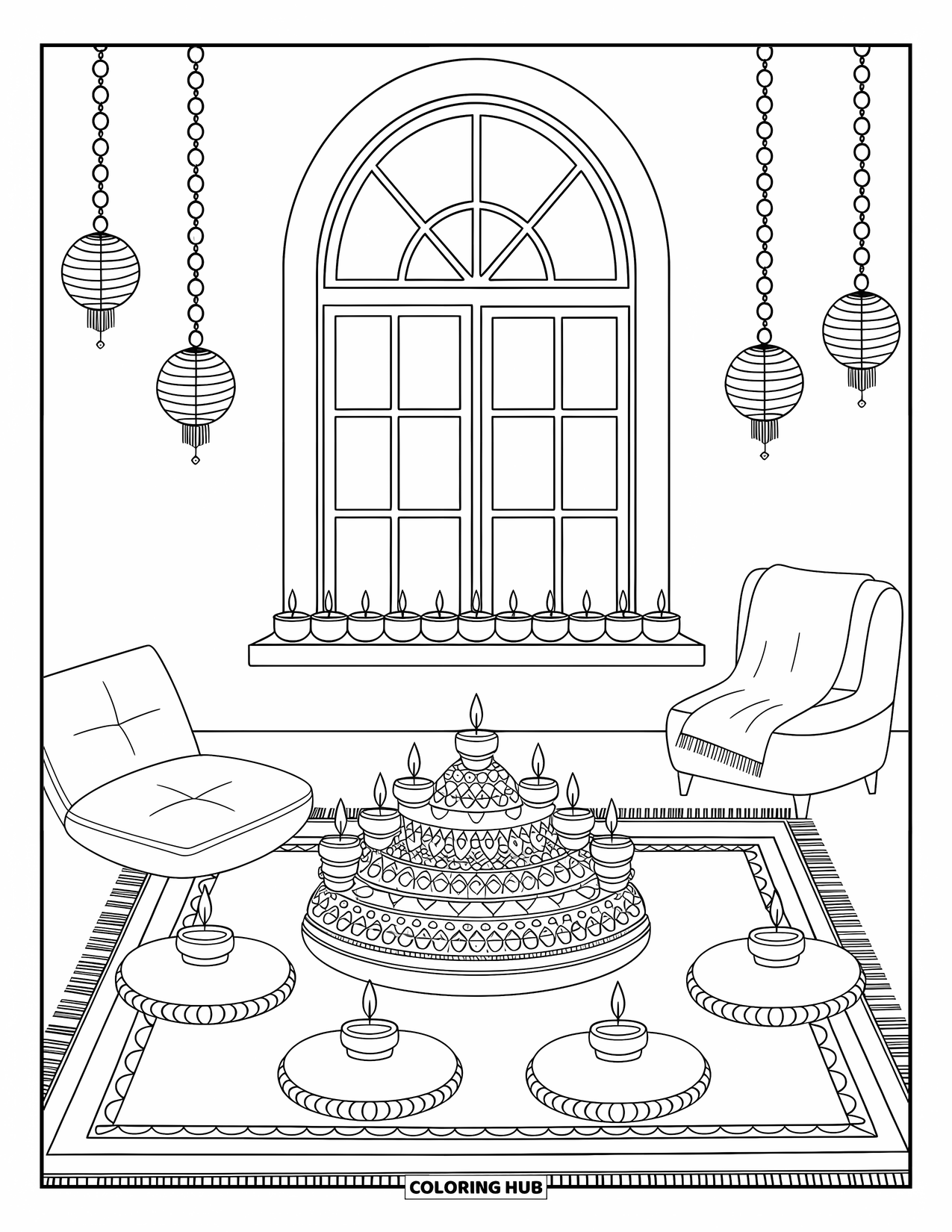 Diwali Coloring Page for Adults: A cozy living room glows with sweets, lanterns, and a big arched window