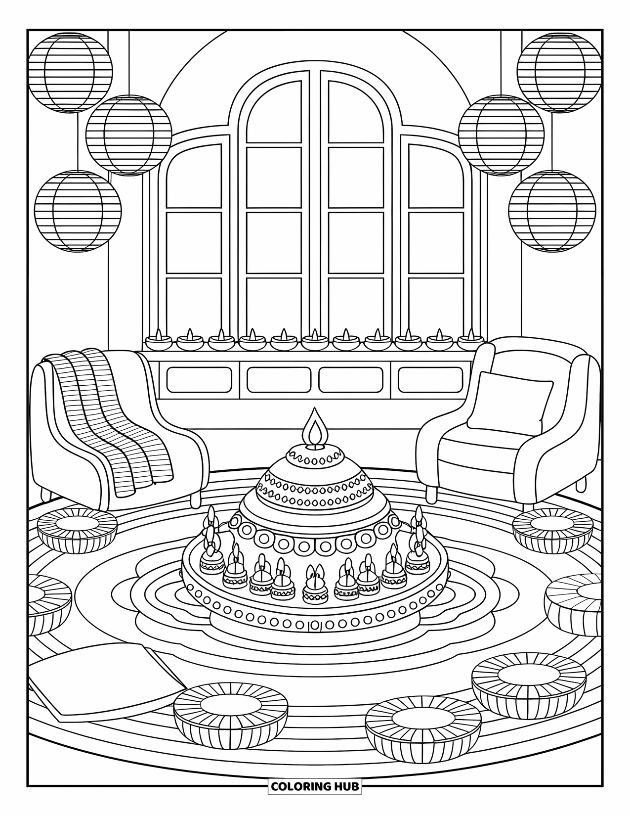 Diwali Coloring Page for Adults: A festive room with a thali of sweets, glowing candles, and soft cushions