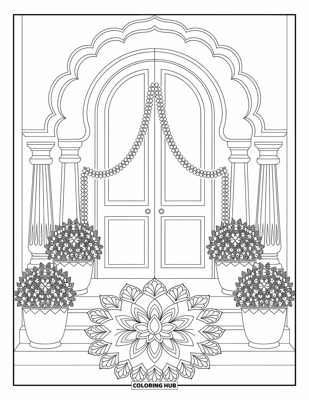Diwali Coloring Page for Adults: A grand doorway glows with diyas, lotus rangoli, and hanging torans