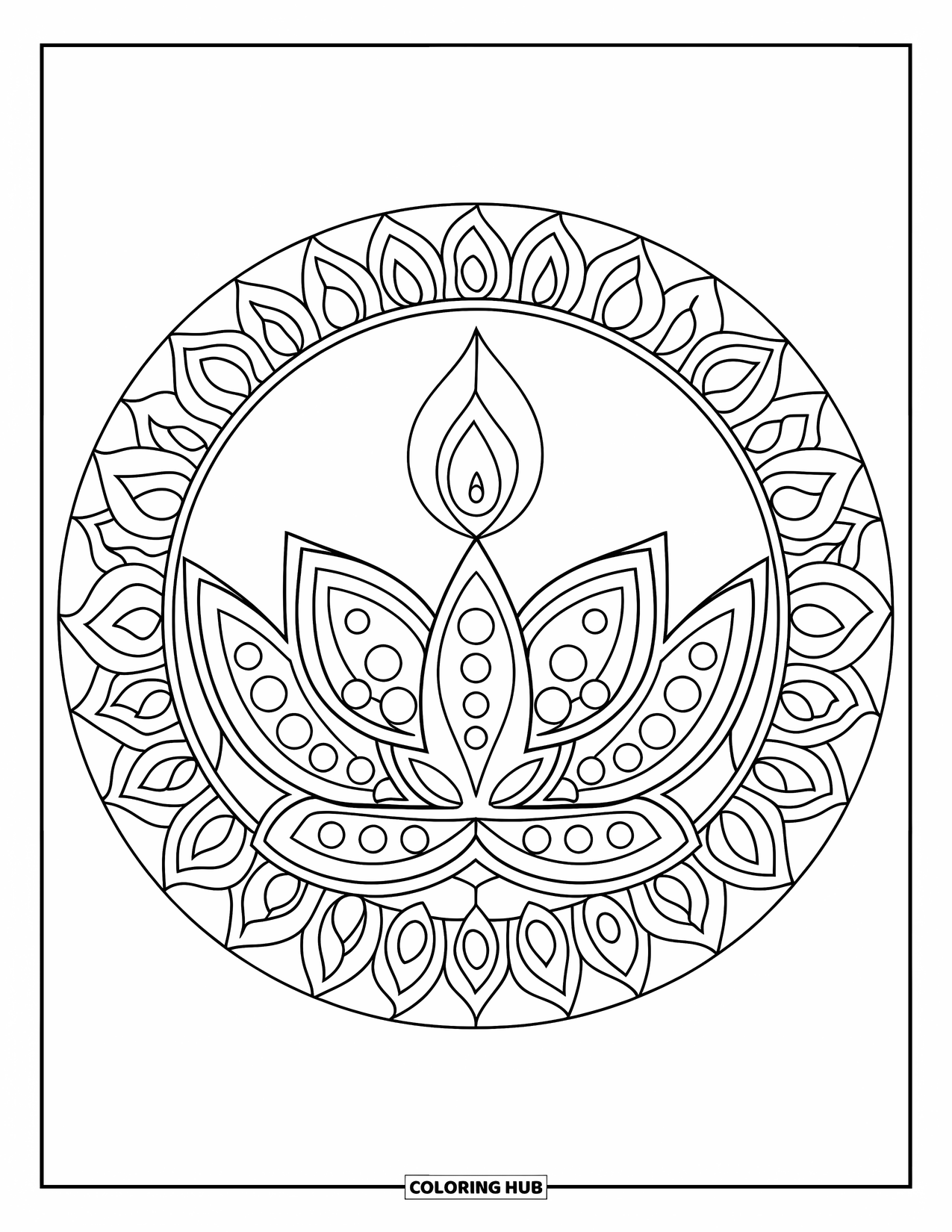 Diwali Coloring Page for Adults: A lotus mandala expands outward from a glowing central diya