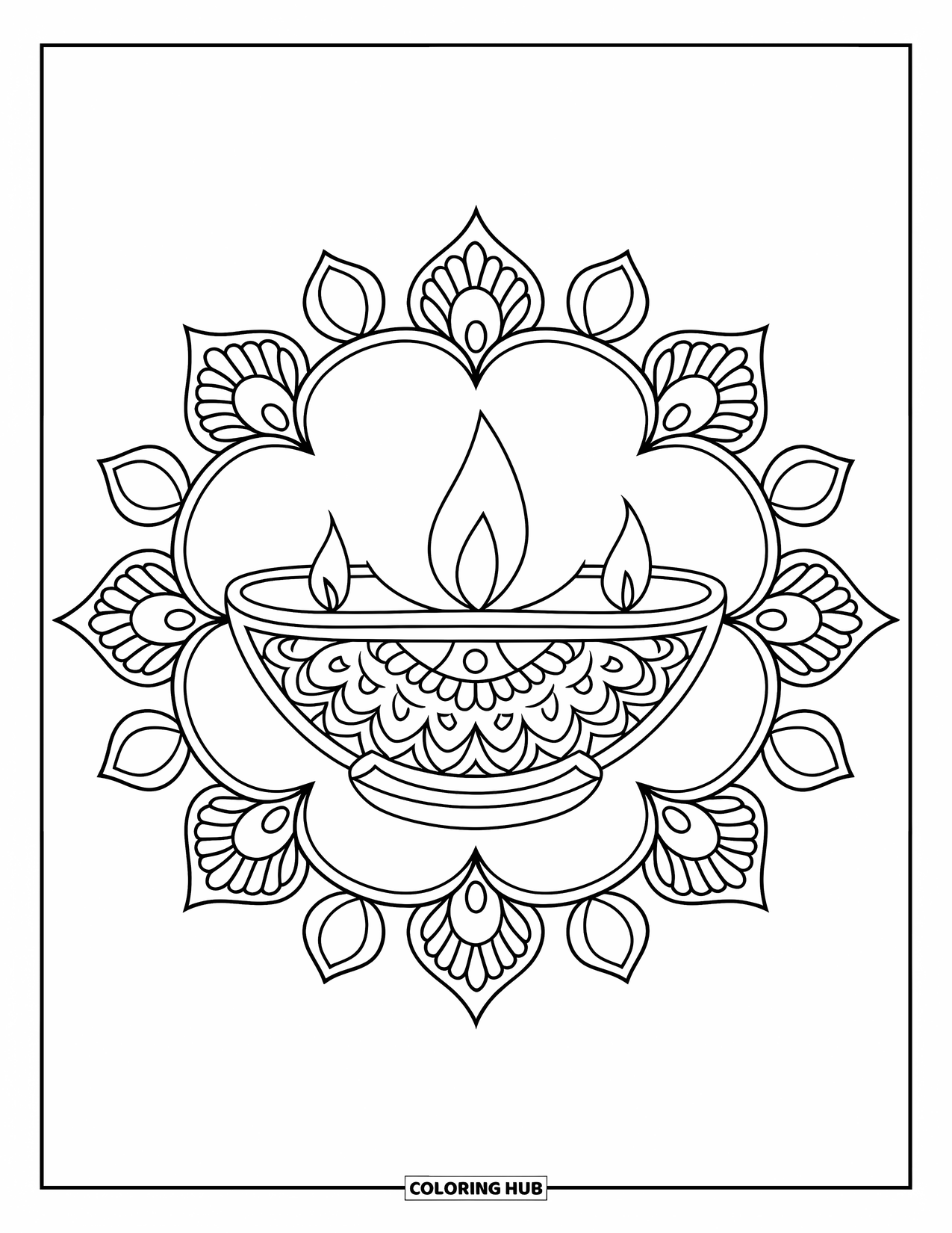 Diwali Coloring Page for Adults: A mandala with petals and a diya lamp at its heart