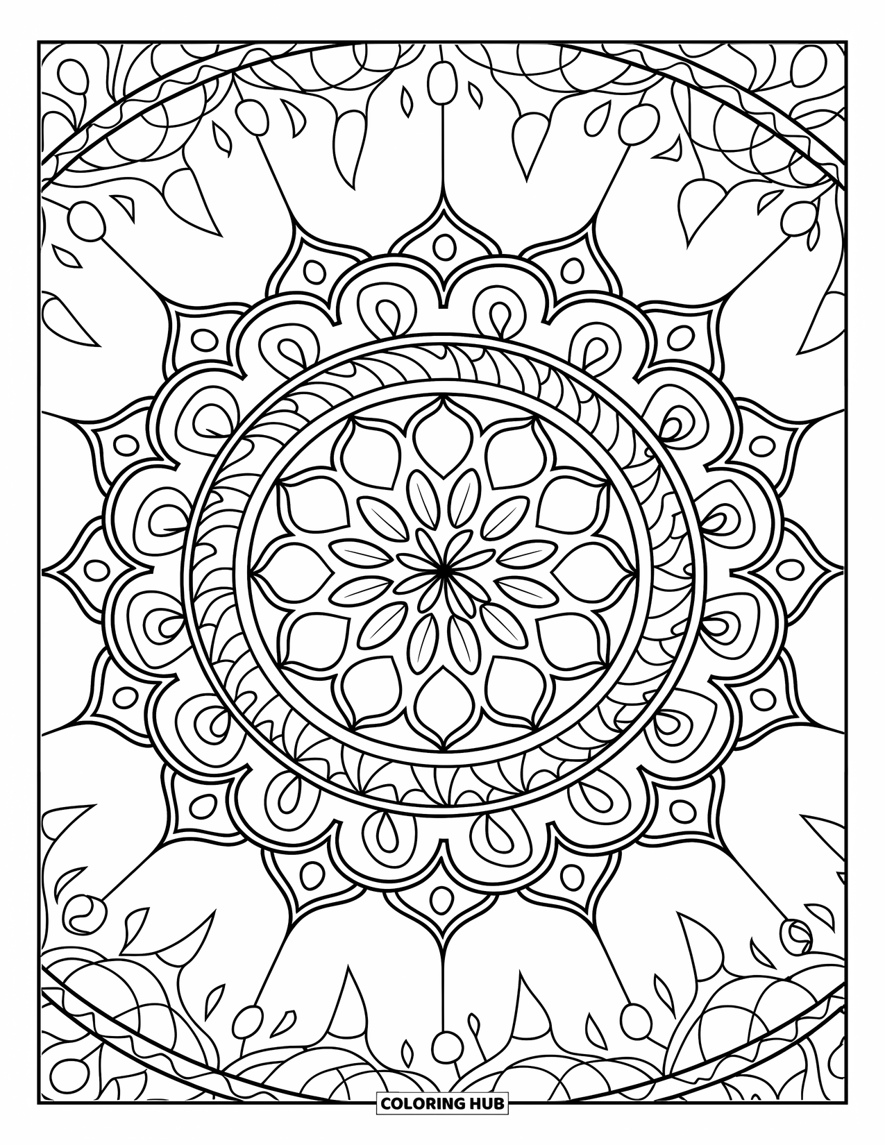 Diwali Coloring Page for Adults: A rangoli design of layered flowers and petals in symmetry