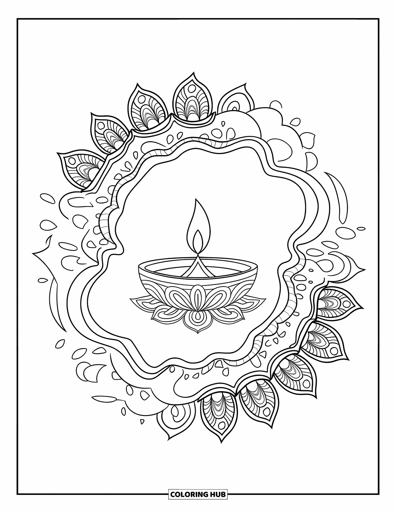 Diwali Coloring Page for Adults: A single diya rests inside a swirling lotus mandala pattern