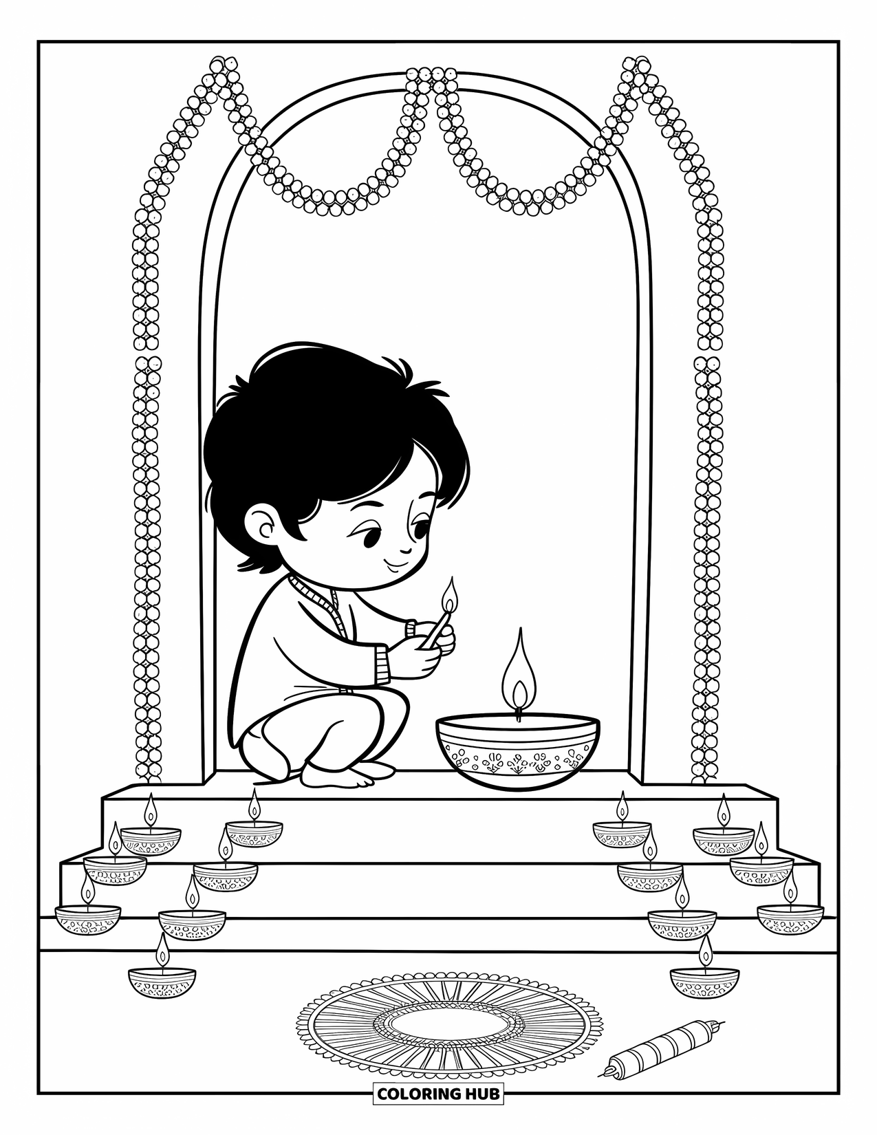 Diwali Coloring Page for Adults: A smiling child lights a diya beside marigolds and festive decorations