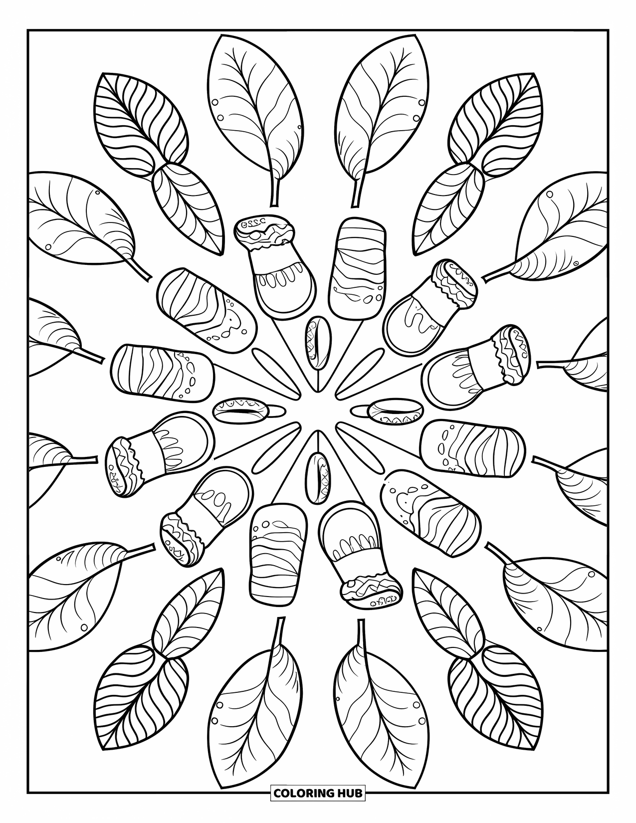 Diwali Coloring Page for Adults: A symmetrical candy mandala mixes sweets, cookies, and leaves
