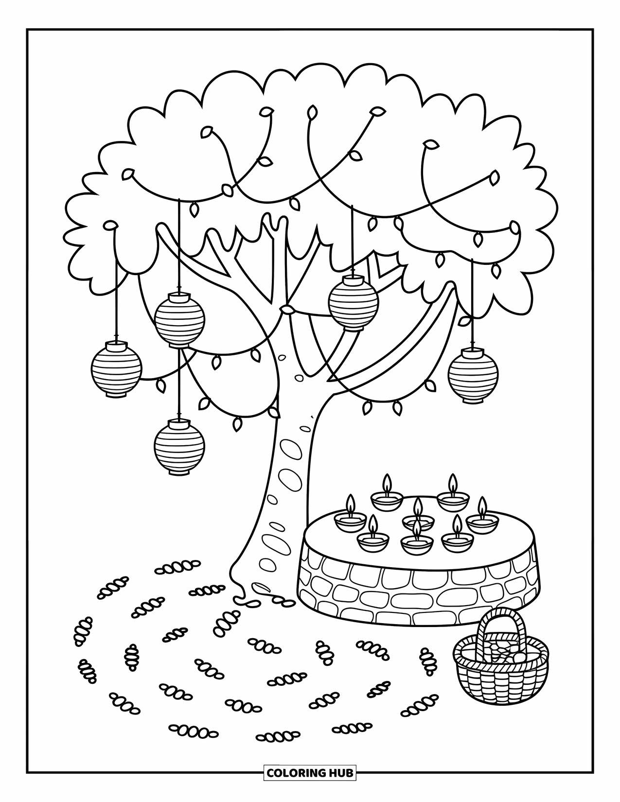 Diwali Coloring Page for Adults: A tree draped with fairy lights and diyas brightens a calm courtyard