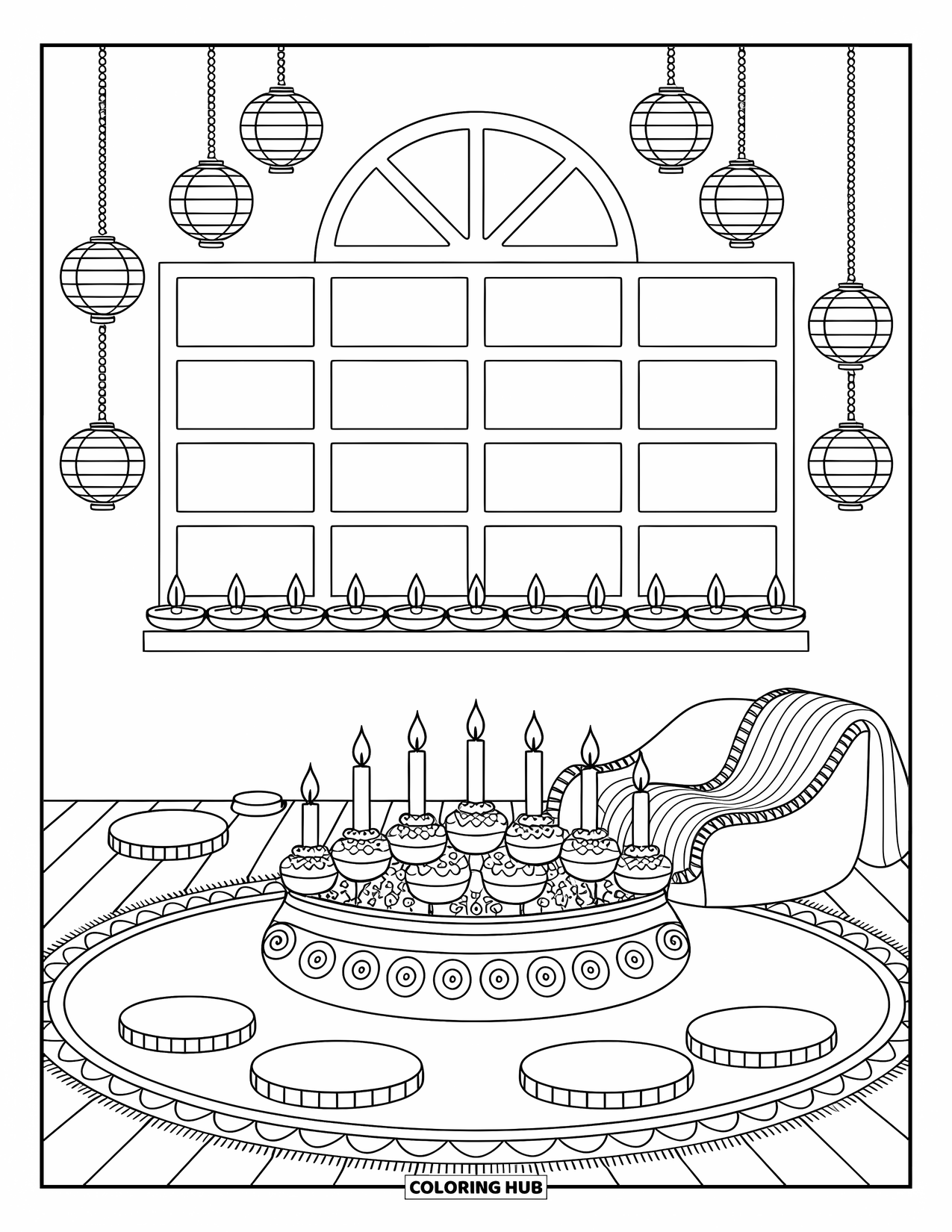 Diwali Coloring Page for Adults: A warm living room scene with diyas, sweets, and hanging paper lanterns
