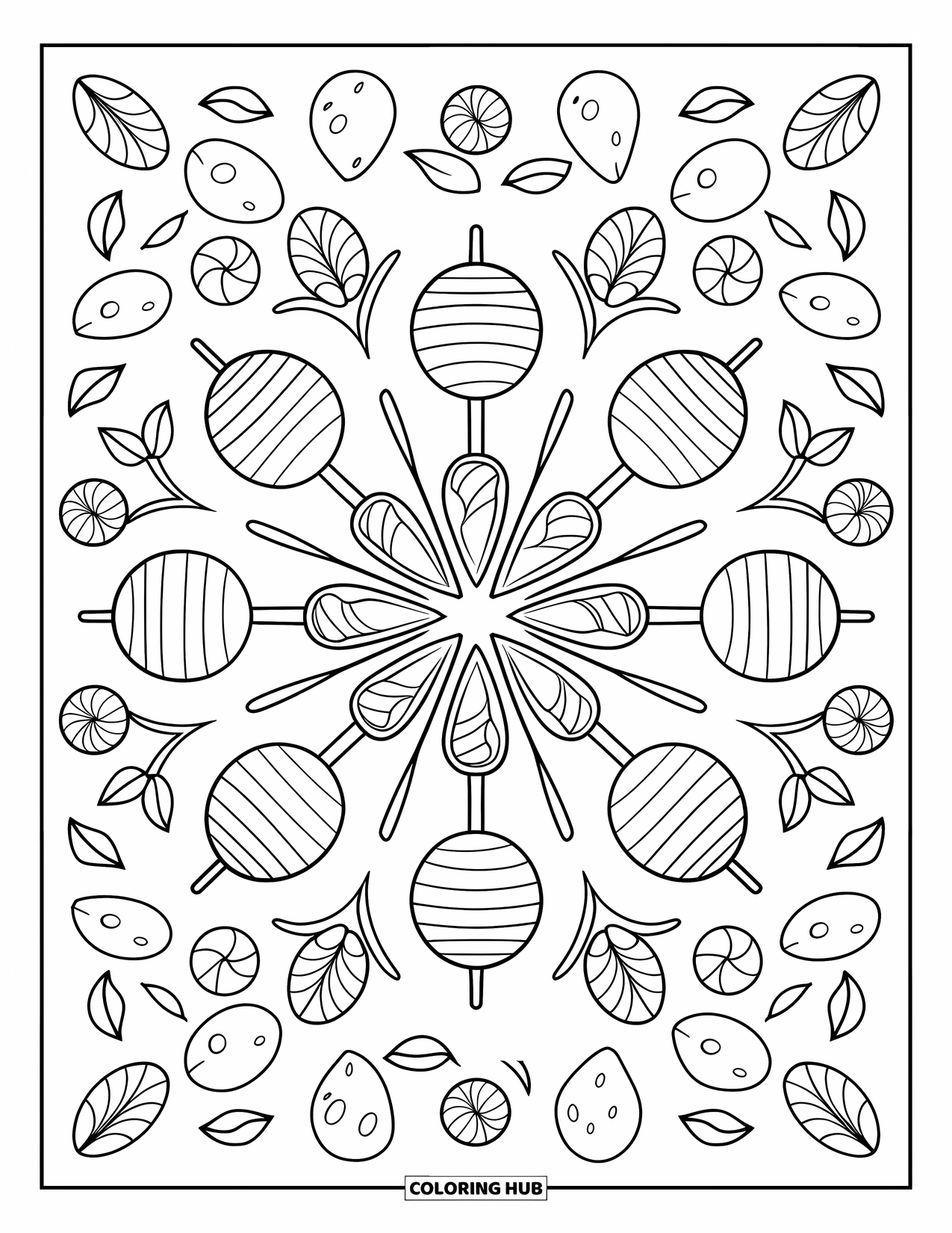Diwali Coloring Page for Adults: Cupcakes and lollipops spiral with leaves in a sweet mandala