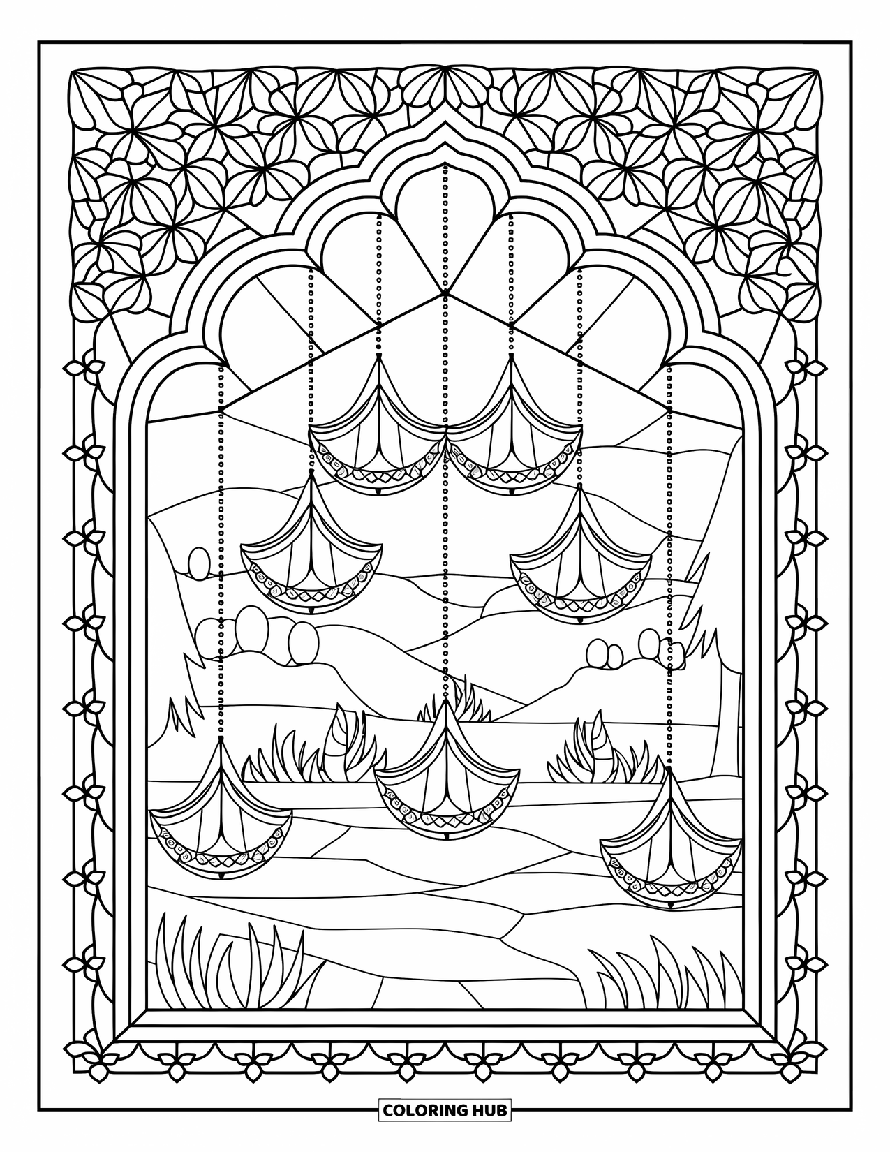 Diwali Coloring Page for Adults: Diwali lanterns and arches fill a stained-glass window design