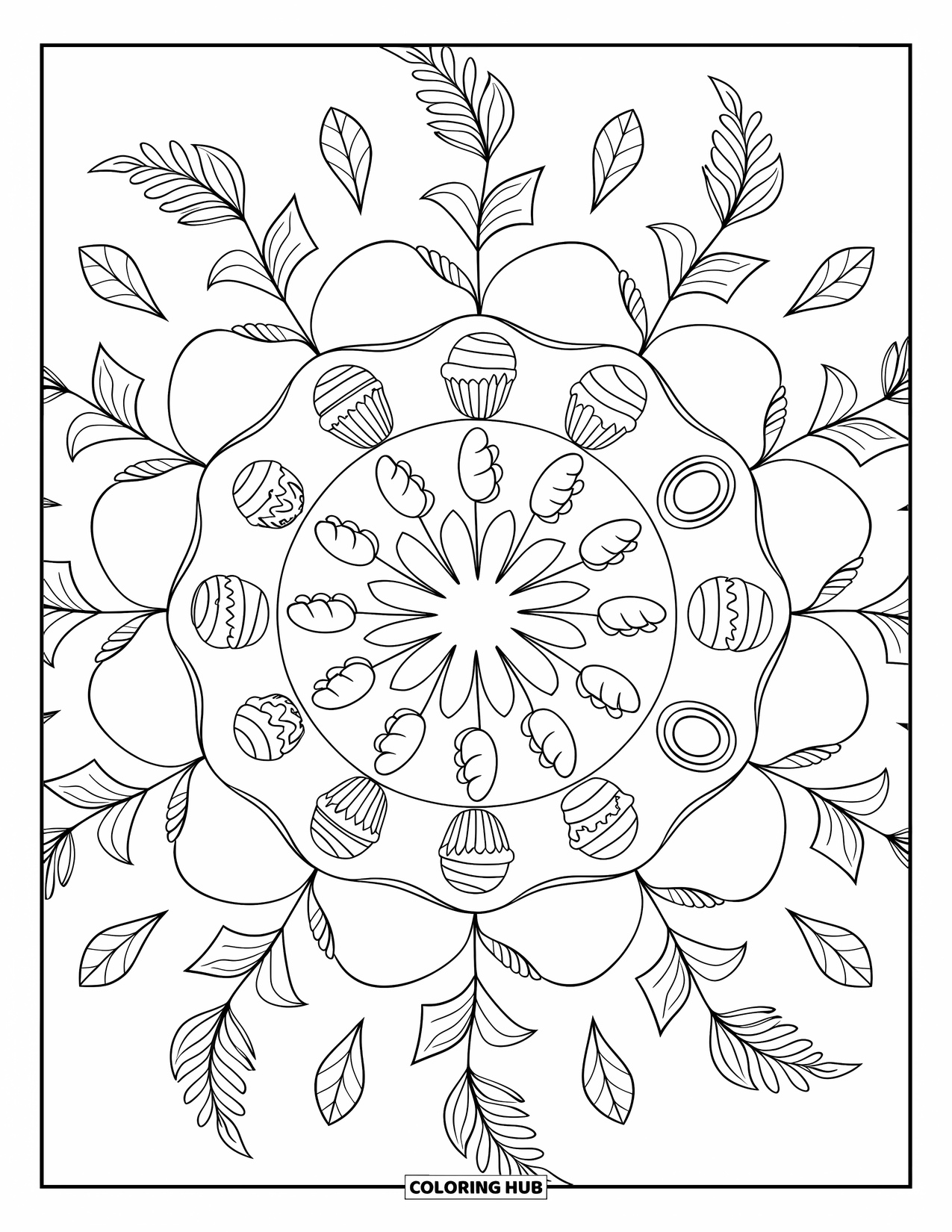 Diwali Coloring Page for Adults: Donuts and sweets form a radial mandala surrounded by leaves
