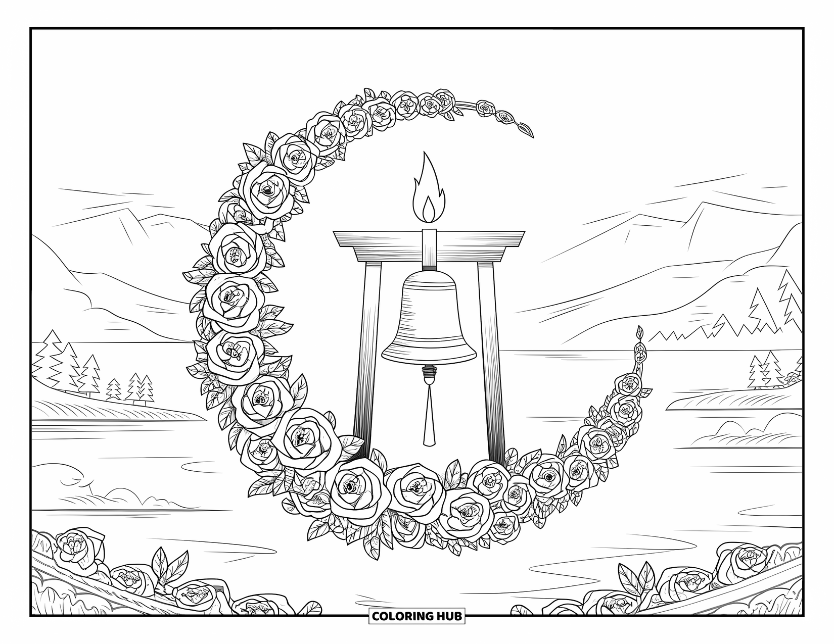 Diwali Coloring Page for Adults: Roses and vines form an arch around a temple bell and flame