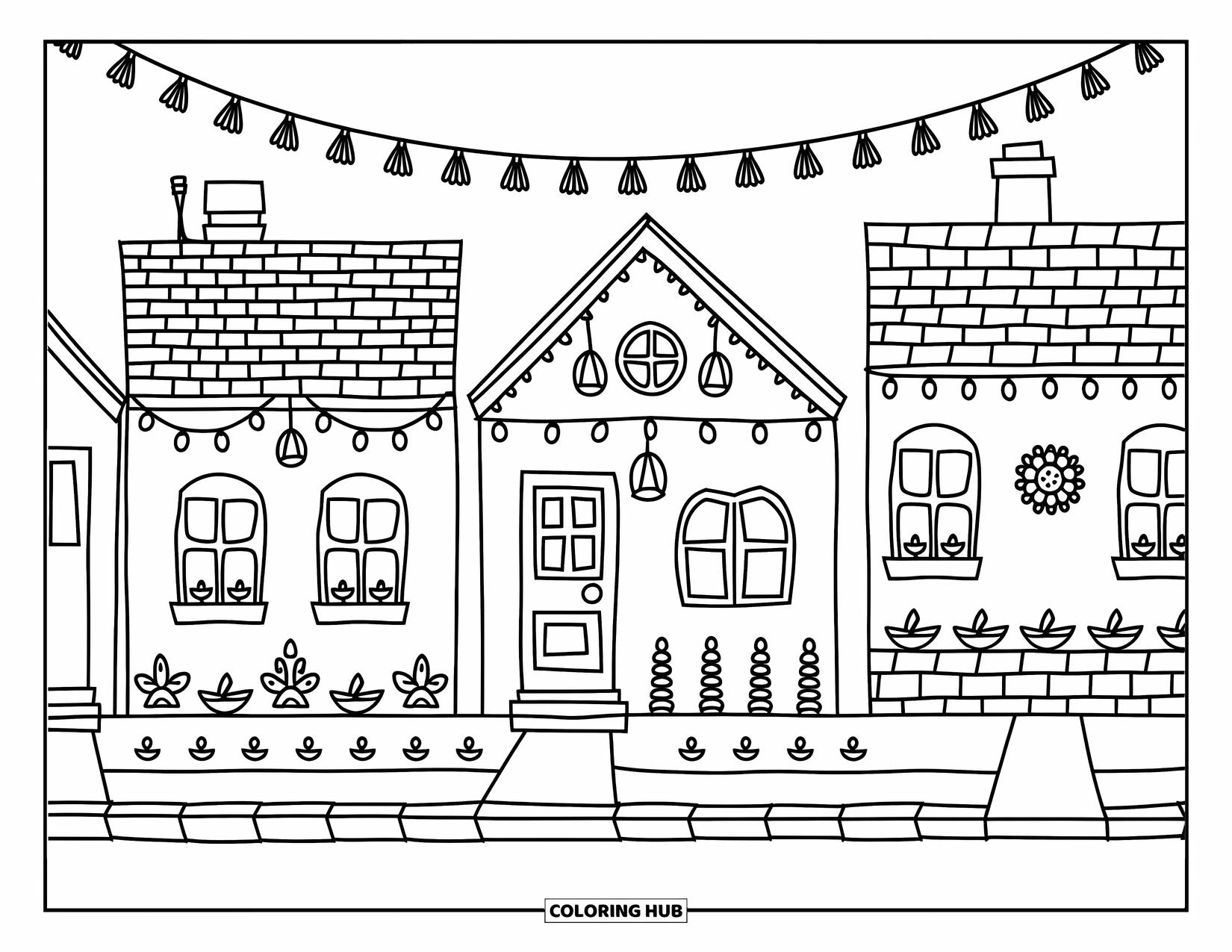 Diwali Coloring Page for Adults: Three festive houses shine with twinkling lights, hanging lanterns, and glowing diyas