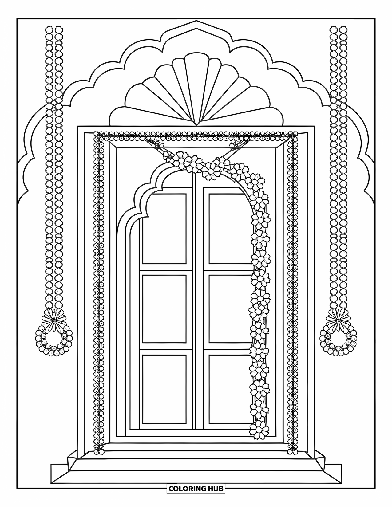 Diwali Coloring Page for Kids: A bright doorway adorned with garlands and little hanging diyas