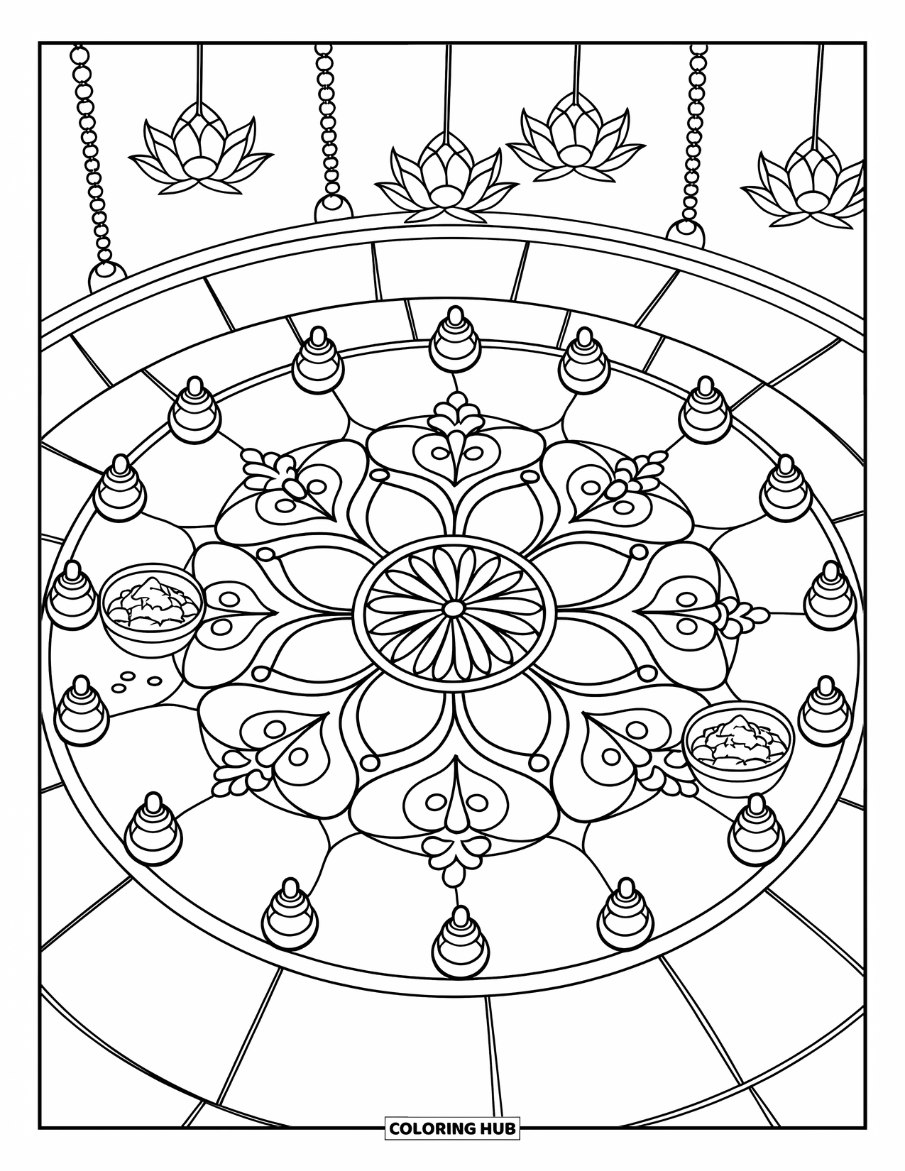 Diwali Coloring Page for Kids: A courtyard features a detailed rangoli surrounded by diyas