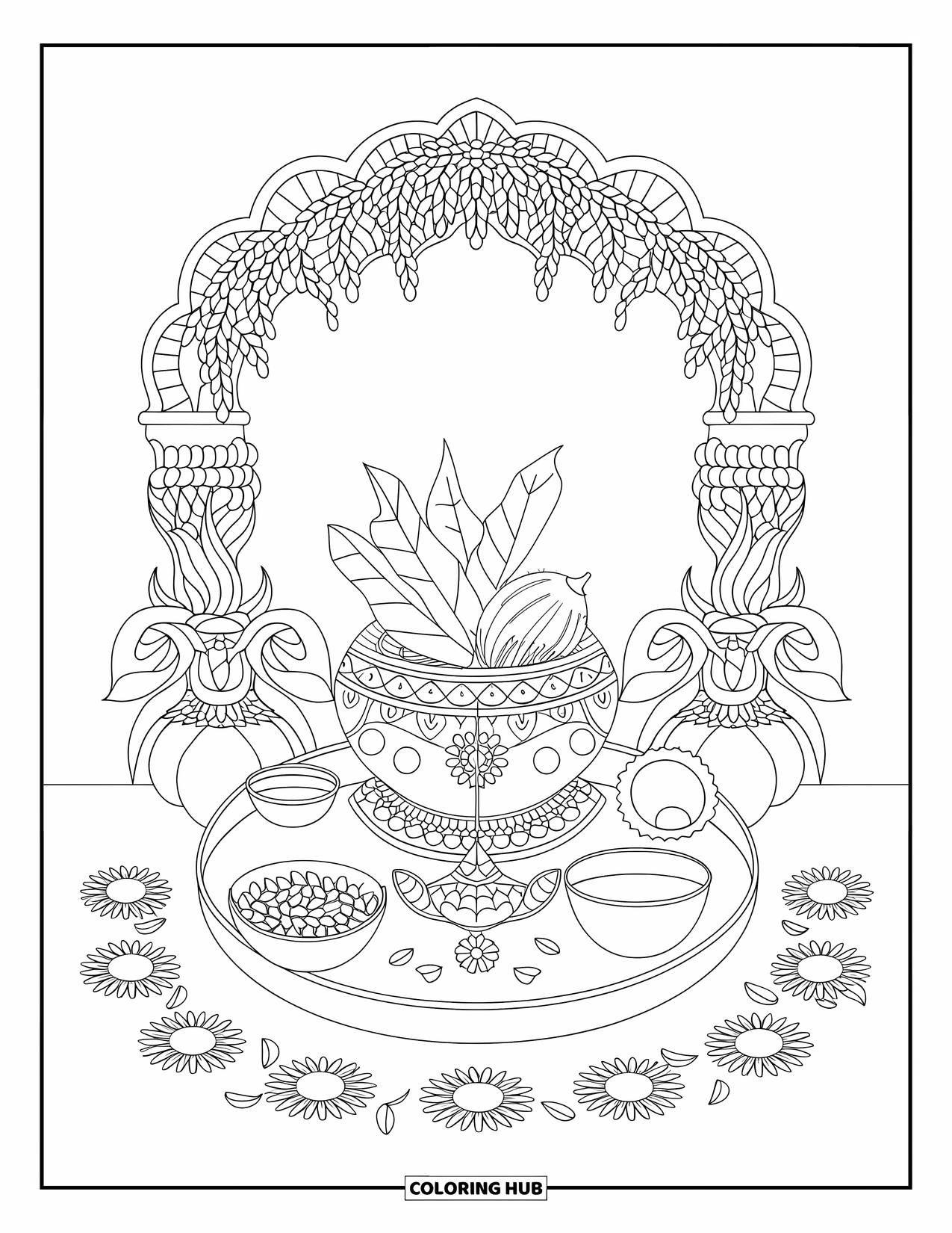 Diwali Coloring Page for Kids: A cozy prayer corner with kalash, idol, and scattered petals